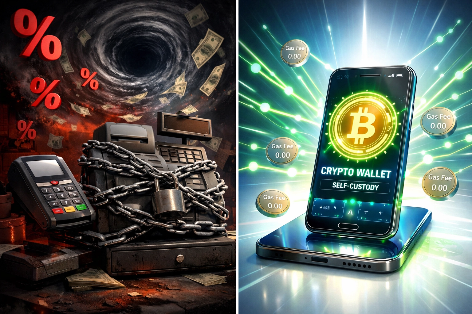 Traditional payment terminal with high fees vs self-custody crypto wallet with minimal gas fees