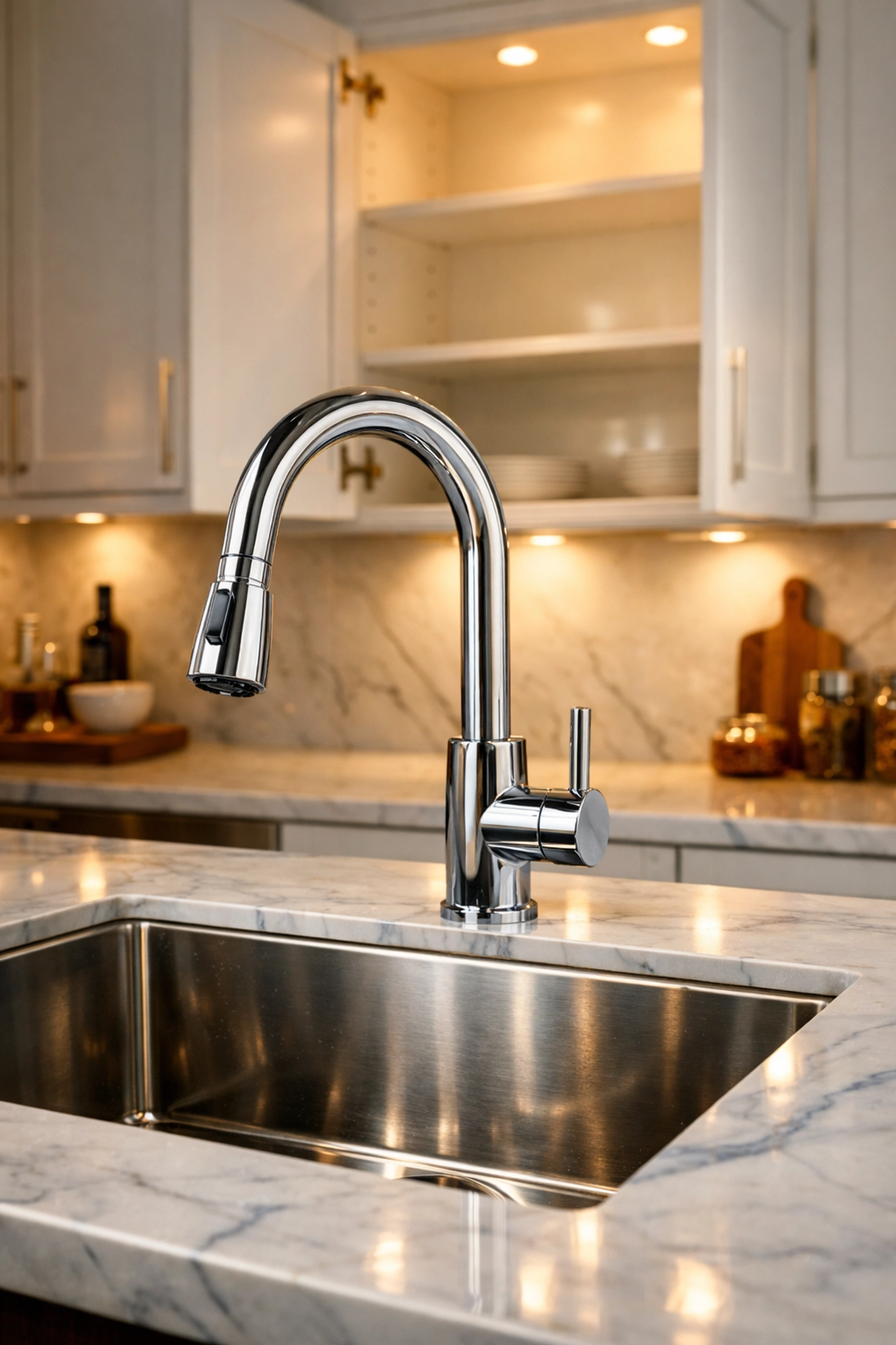Sparkling clean kitchen sink and empty white cabinets prepared for a new homeowner's arrival.