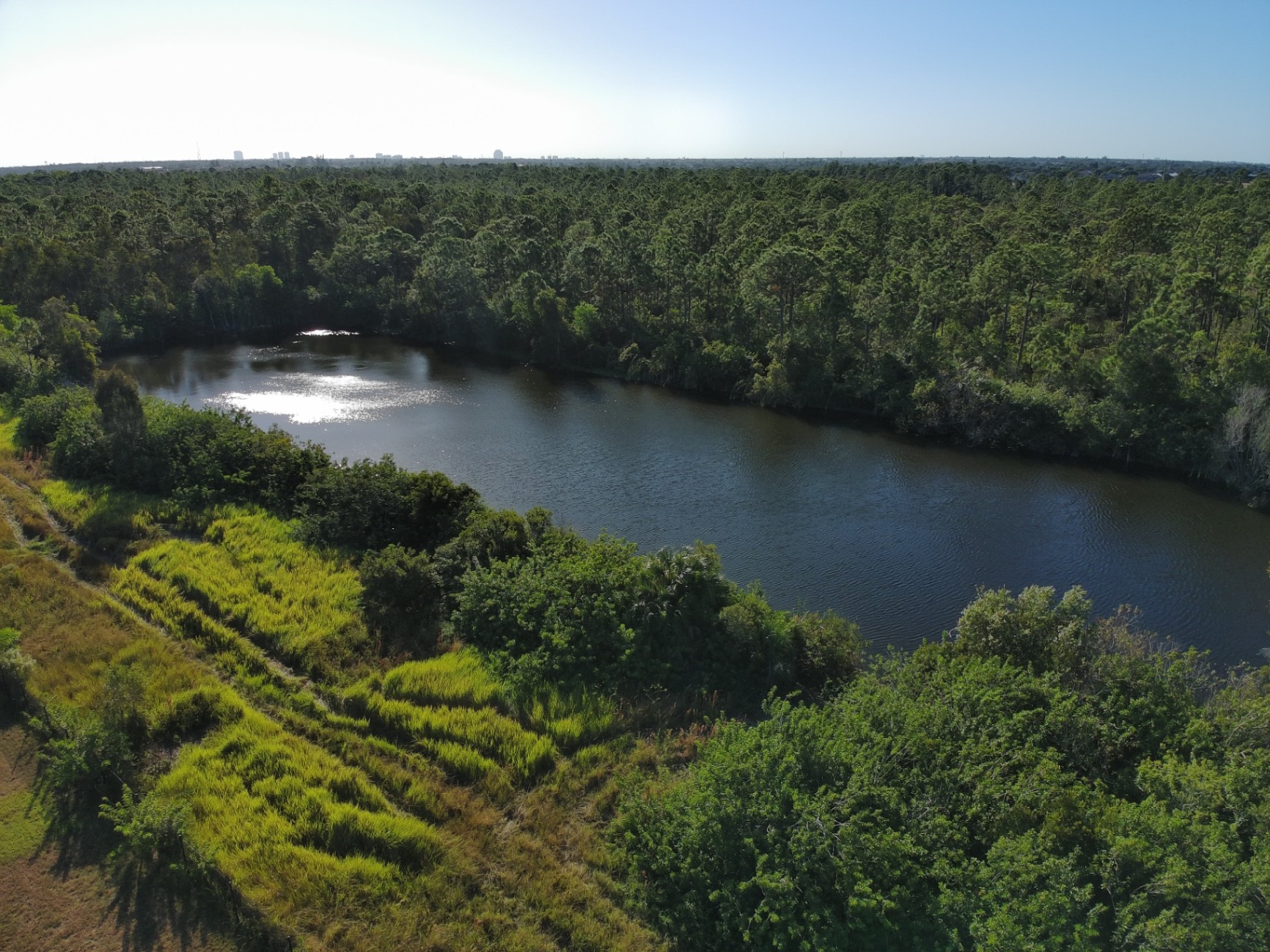 High-resolution aerial image of wooded property and small lake