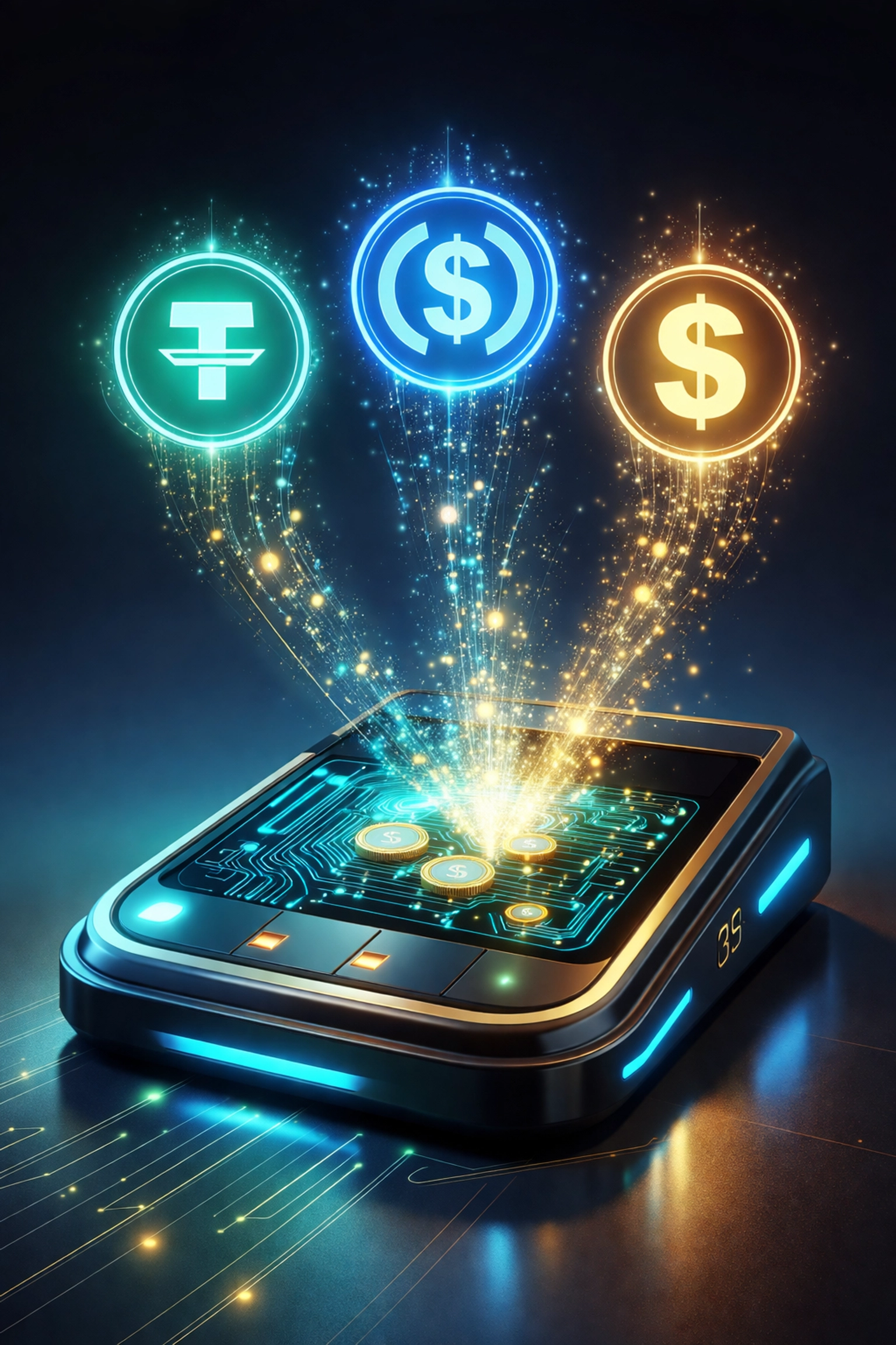 Futuristic payment terminal with stablecoin symbols highlighting fast LUSD settlements for small businesses.