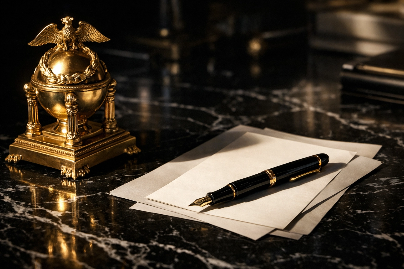 Empire-style office detail: black marble desk with gold weight, fountain pen, and dramatic cinematic lighting
