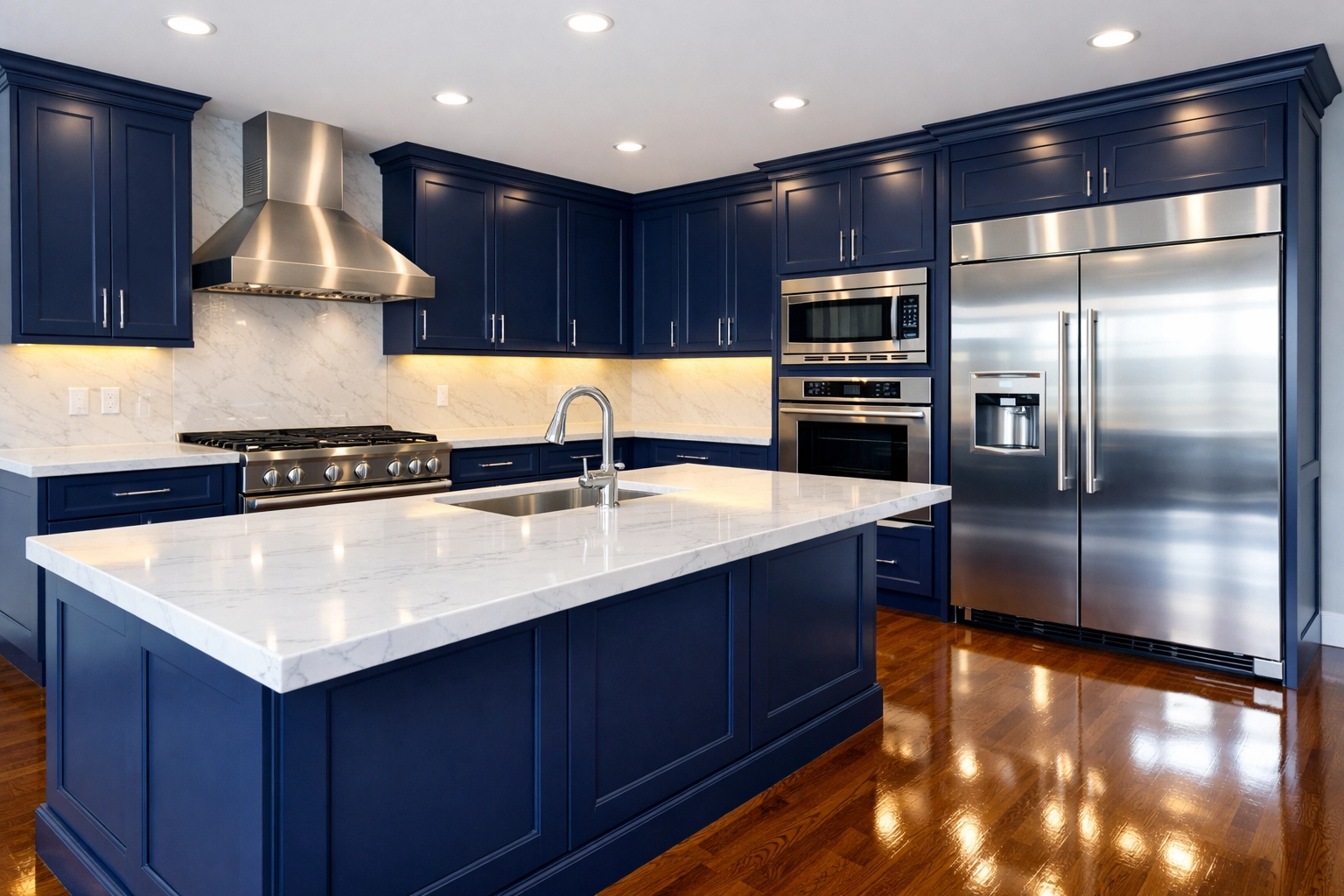 Clean kitchen with polished marble counters after a thorough residential cleaning Lexington MA deep cleaning mission.