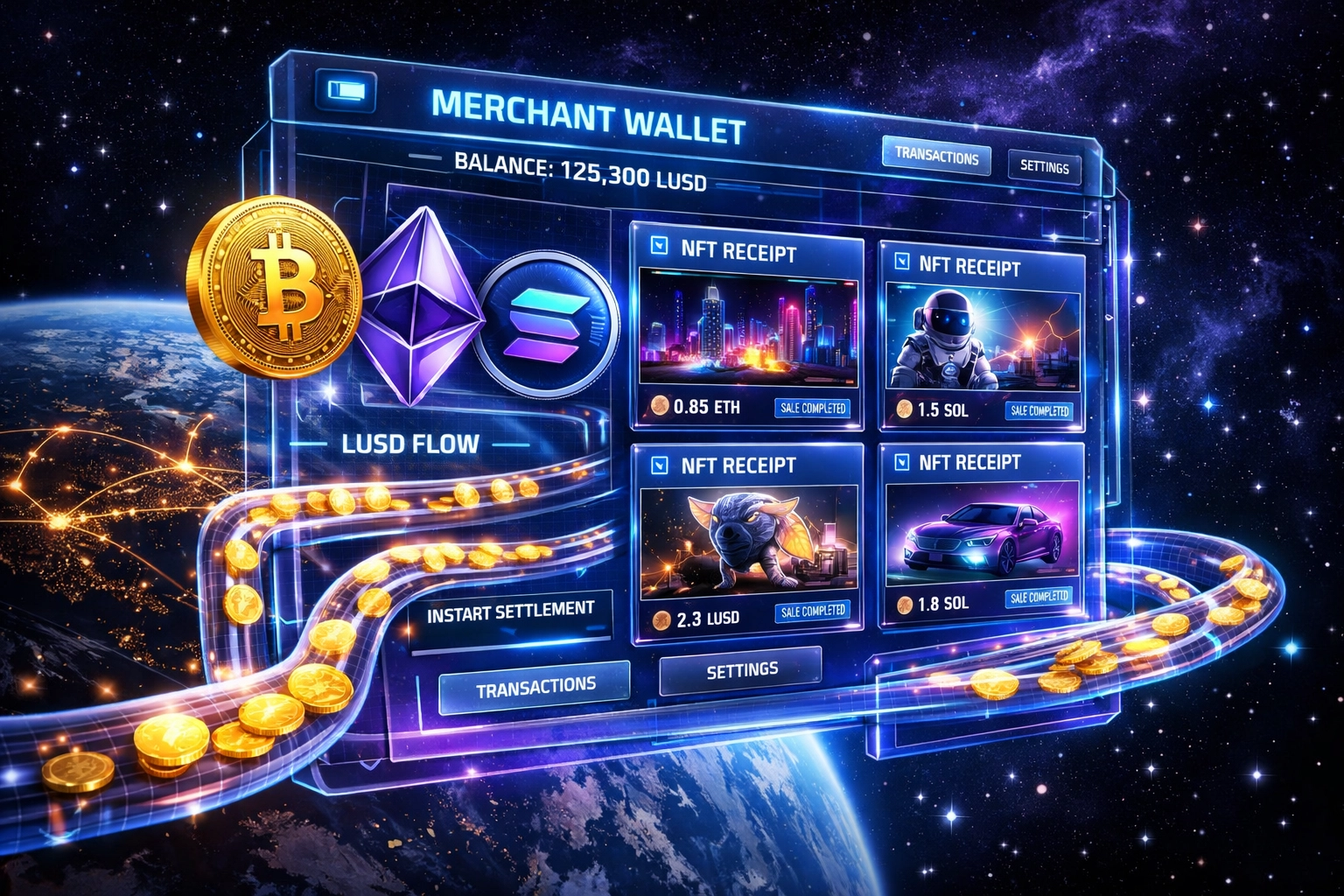 Self-custody merchant wallet displaying NFT receipts, LUSD stablecoins, and global payment connections