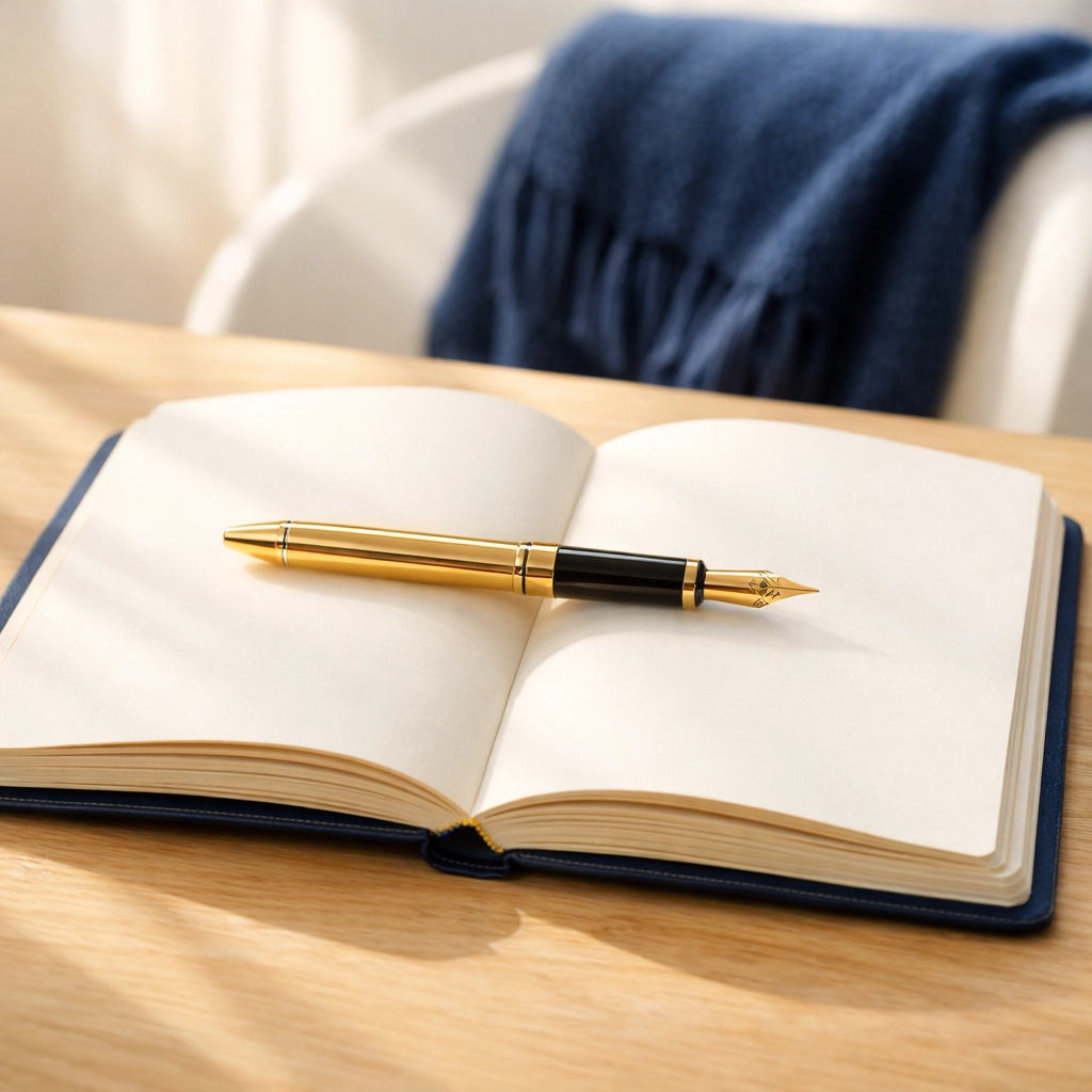 An open journal and gold pen symbolizing a business writing its next chapter of growth and success.