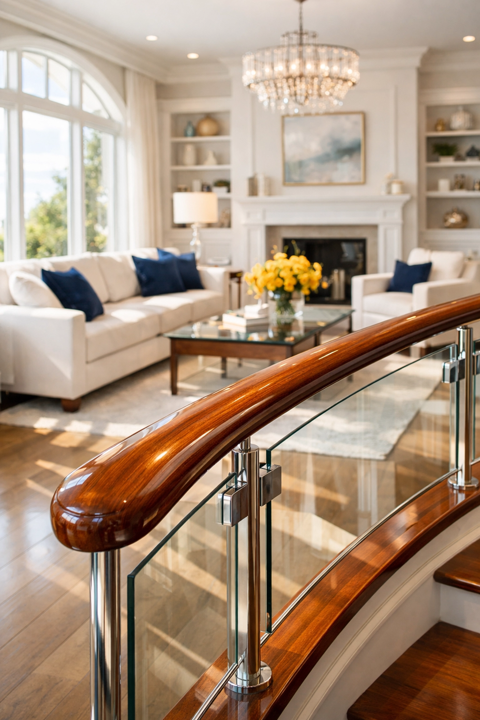 Impeccably cleaned wooden staircase handrail in a bright, move-in ready luxury living room.