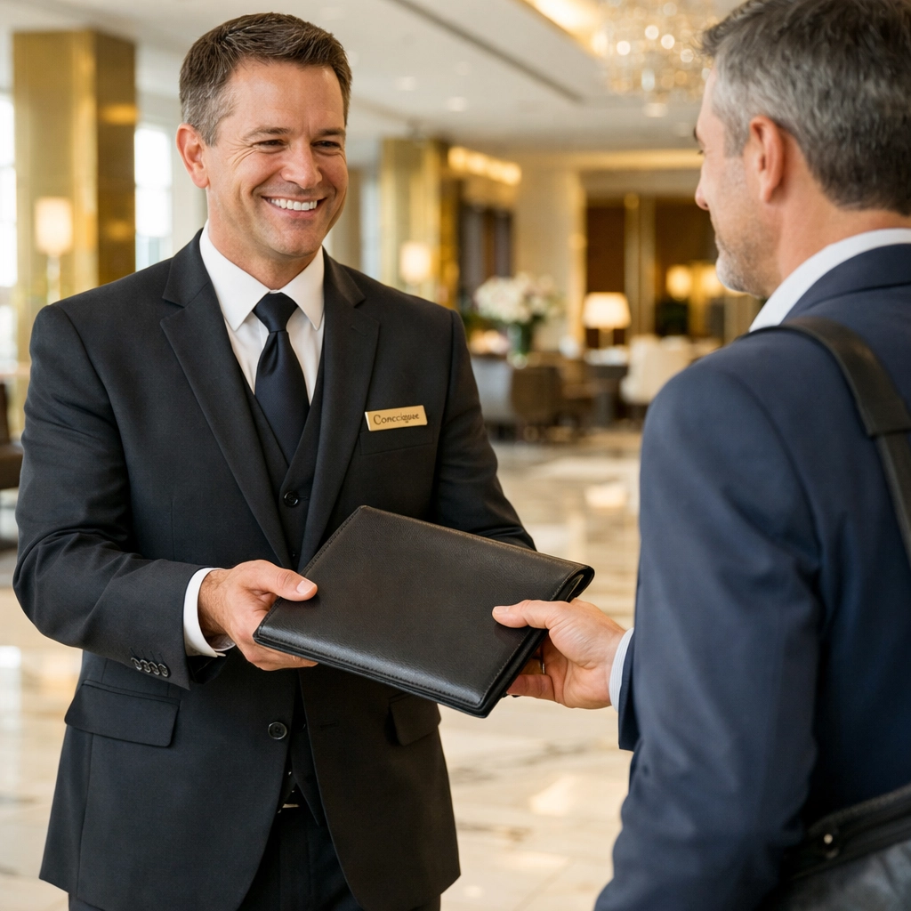 Professional VIP concierge providing high-end corporate hospitality services in a luxury hotel.