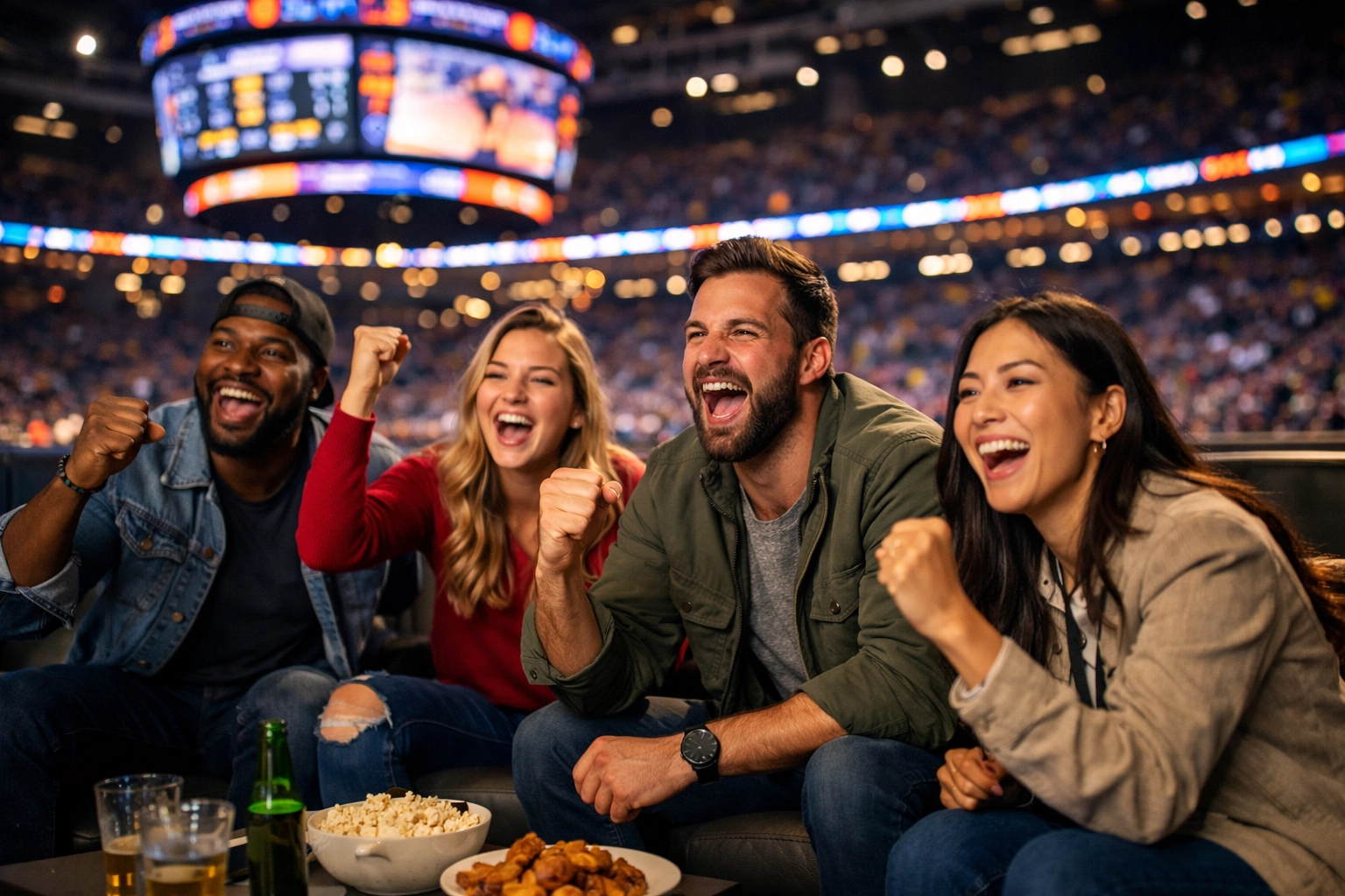 Fans at a basketball game engaged with stadium digital displays and scoreboards.