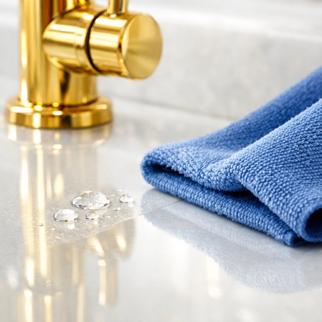 Polished gold faucet and quartz counter reflecting elite residential cleaning Massachusetts detail and care.