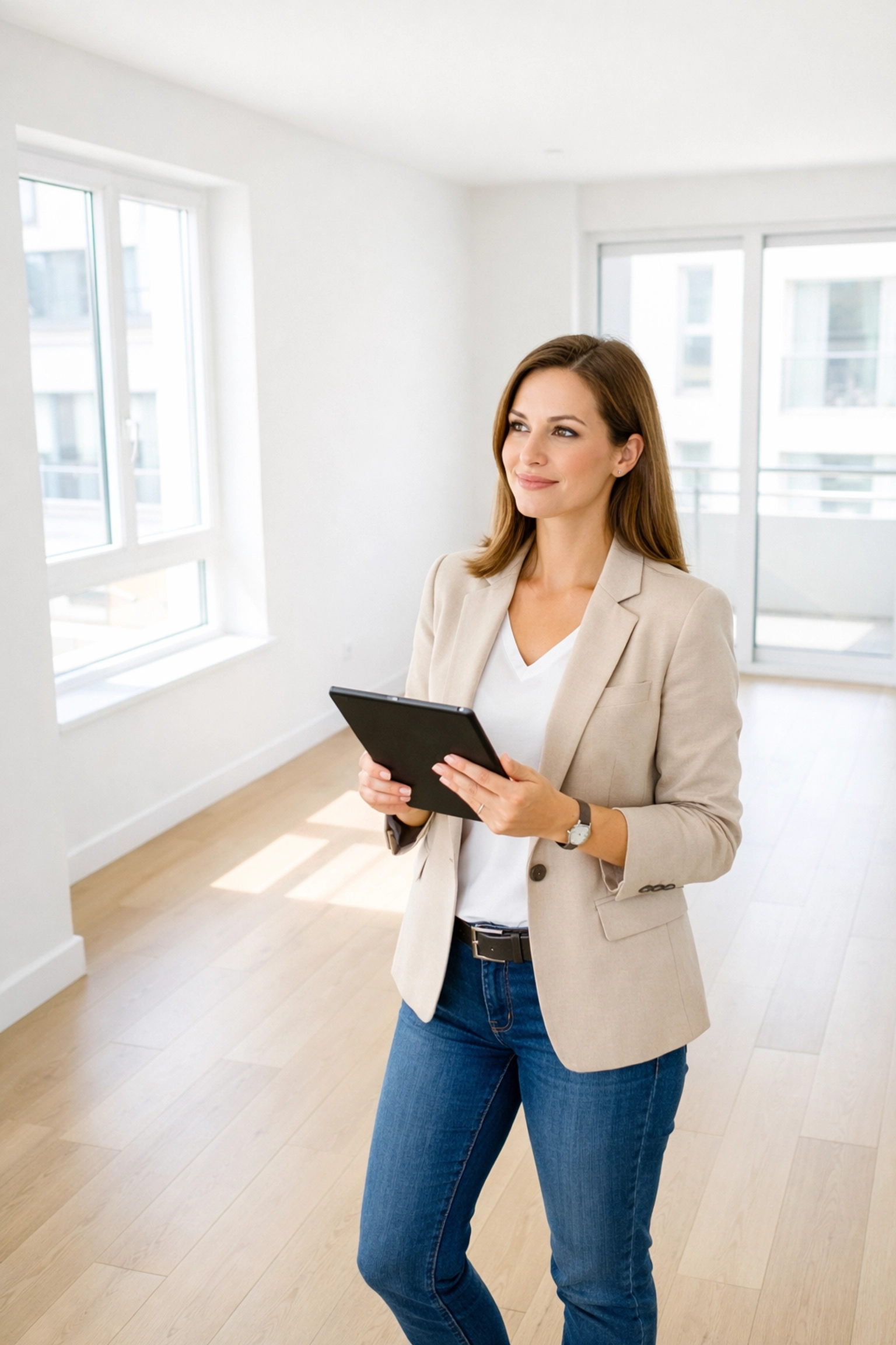 Property manager with tablet inspecting vacant apartment unit ready for turnover