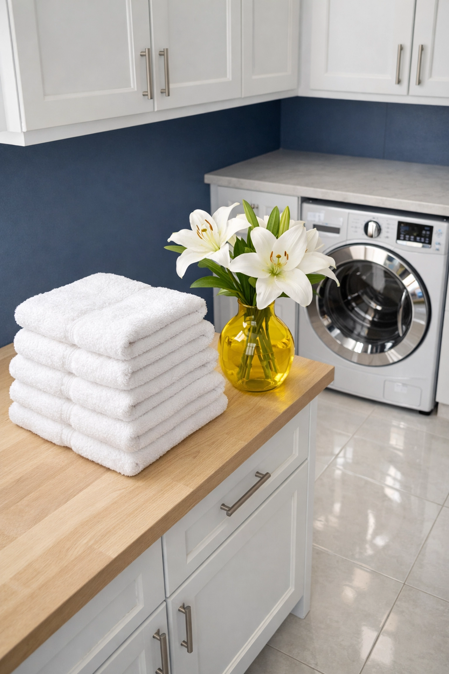 A spotless modern laundry room with clean white cabinetry and a polished chrome washing machine.