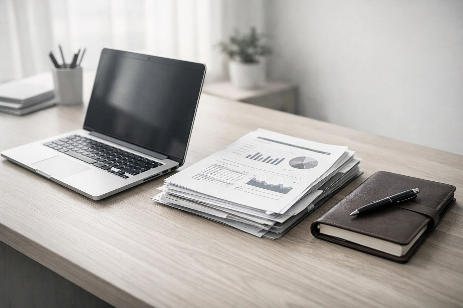 Laptop and organized business documents on a desk, representing preparation for fast business loan approval.
