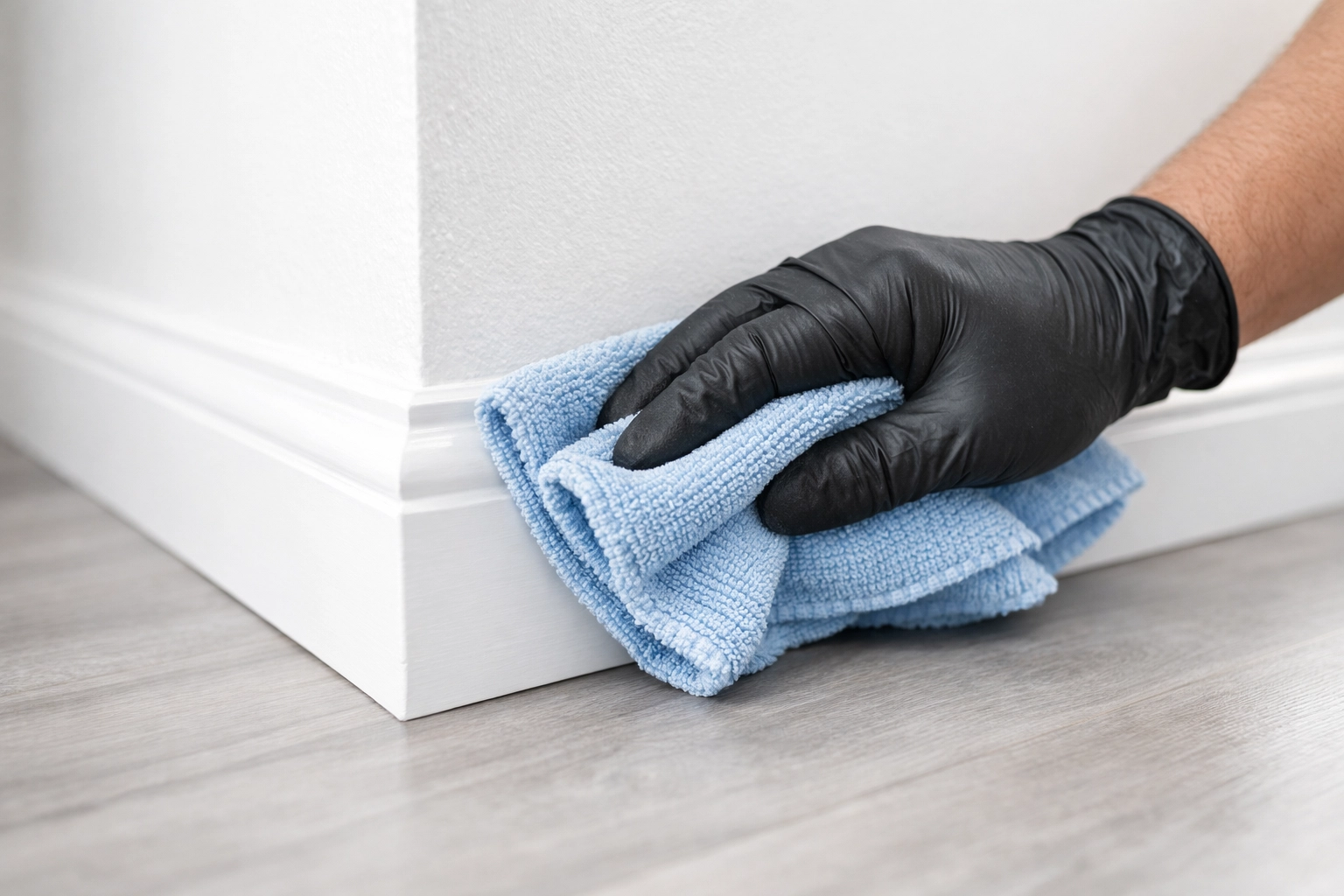 Detailed make-ready cleaning of apartment baseboards for property turnover
