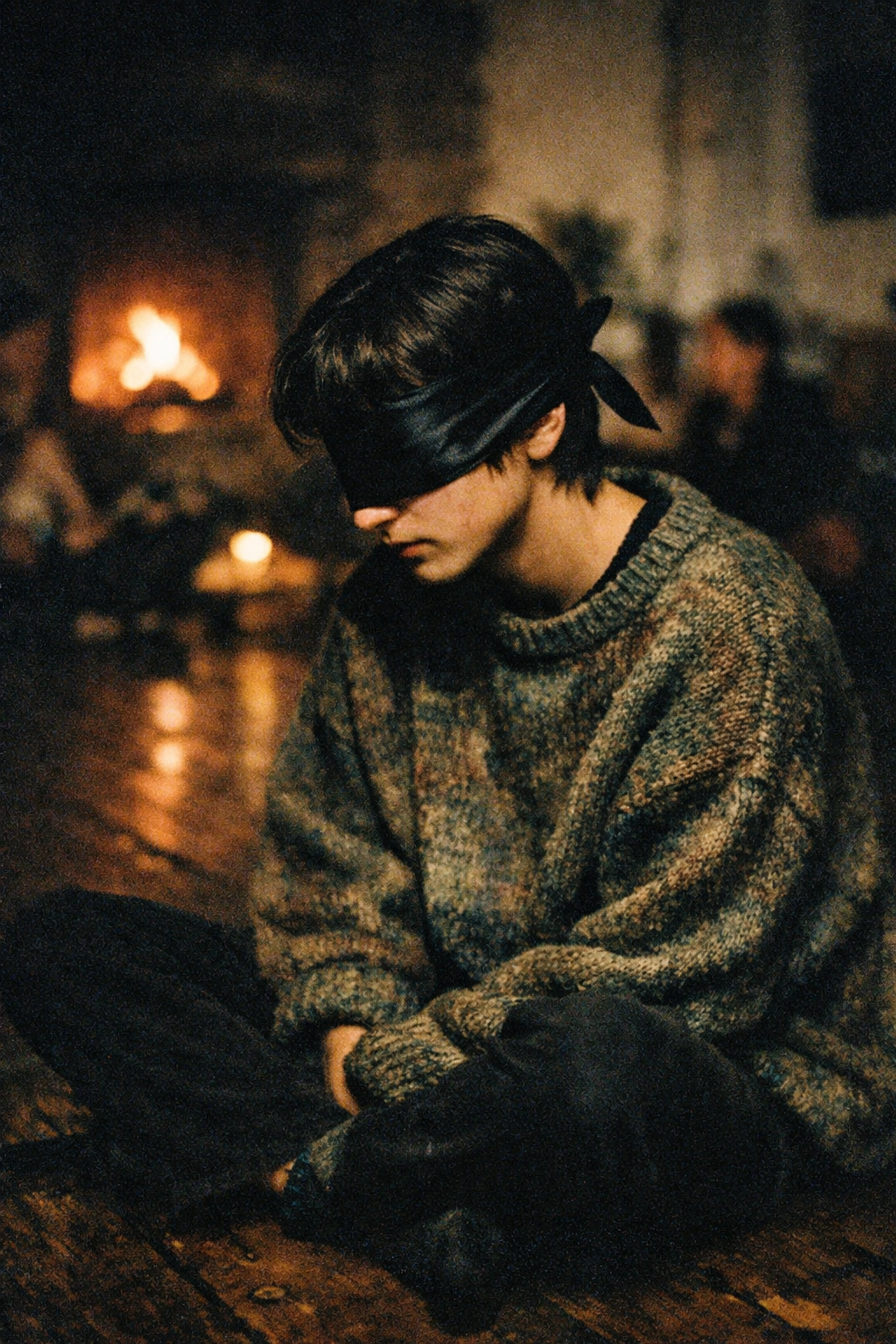 Blindfolded person reflecting in a candlelit room during a vulnerability workshop at a Berlin sex-positive event.