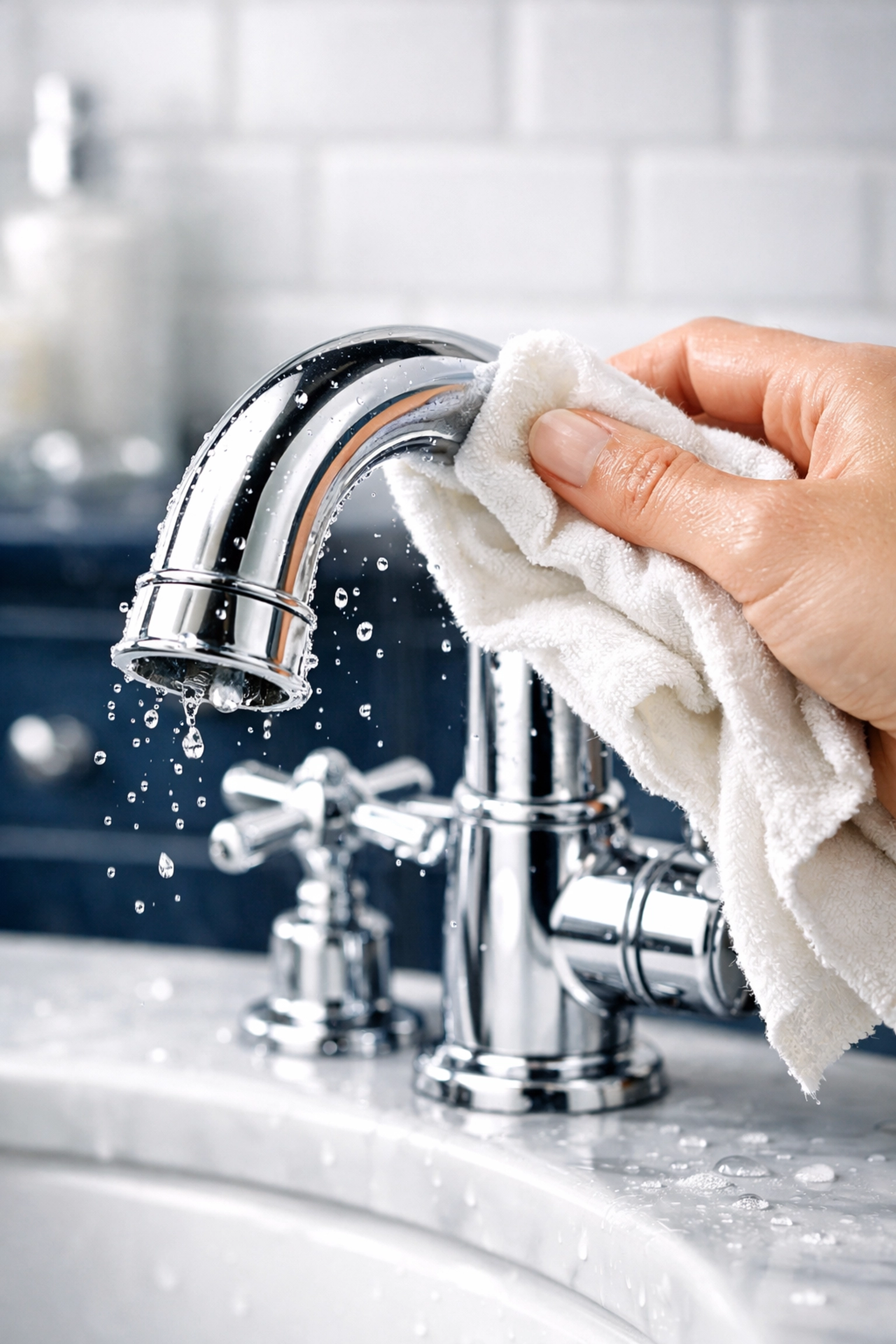 Polishing a chrome bathroom faucet with a soft, lint-free cotton rag for a professional shine.