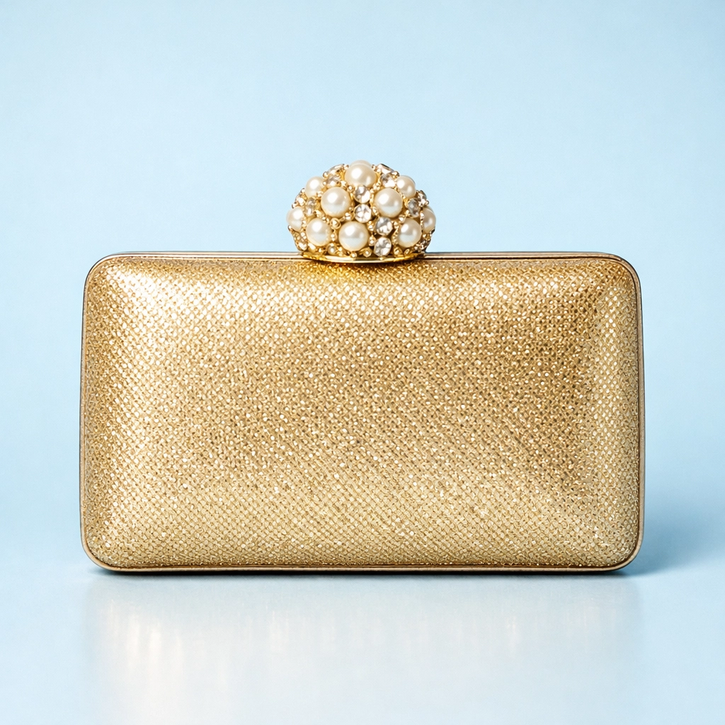 An elegant gold evening clutch bag with a pearl clasp, part of the premium collection at Deright Fashion Store.