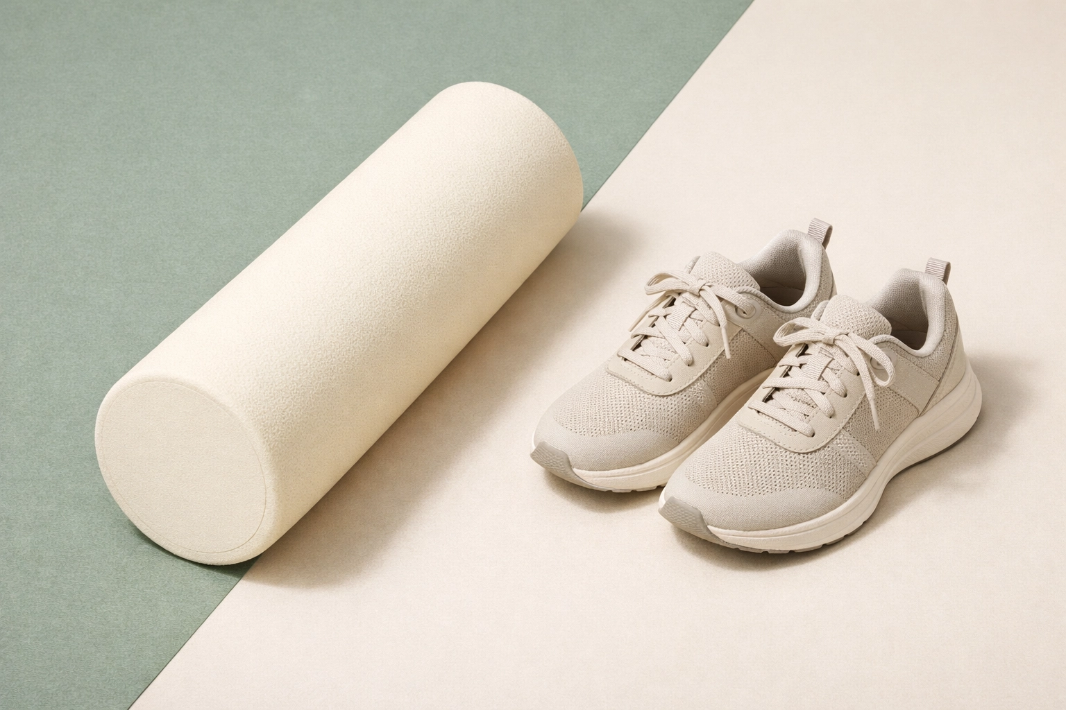 A foam roller and athletic shoes symbolizing active recovery and mobility work for joint health.