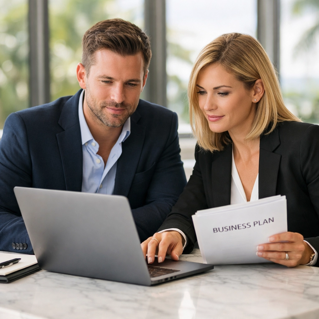 Professionals collaborating on a business plan for a successful Florida E-2 visa acquisition.