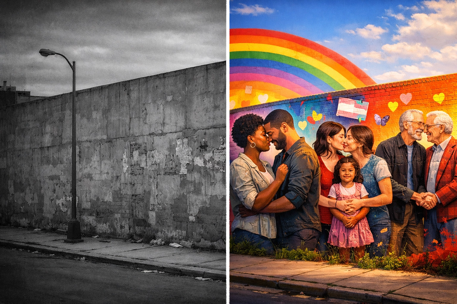 Before and after city wall transformation showing LGBTQ+ mural with diverse queer families