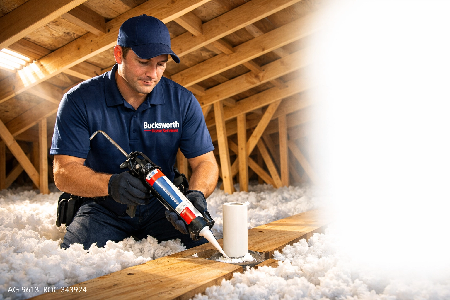 Bucksworth technician sealing attic air leaks in Chandler, AZ to improve home energy efficiency.