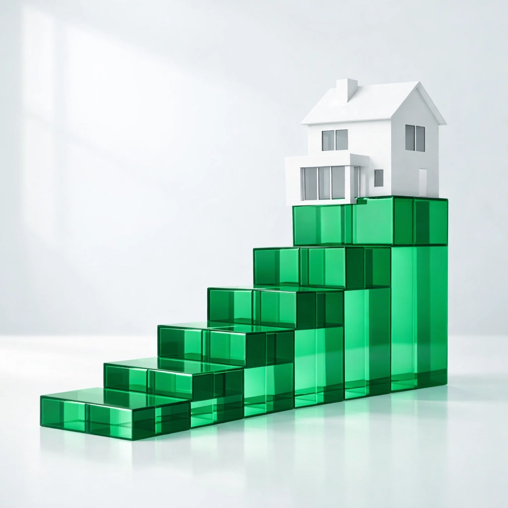 A modern house model on rising green blocks symbolizing real estate scaling and financial leverage.