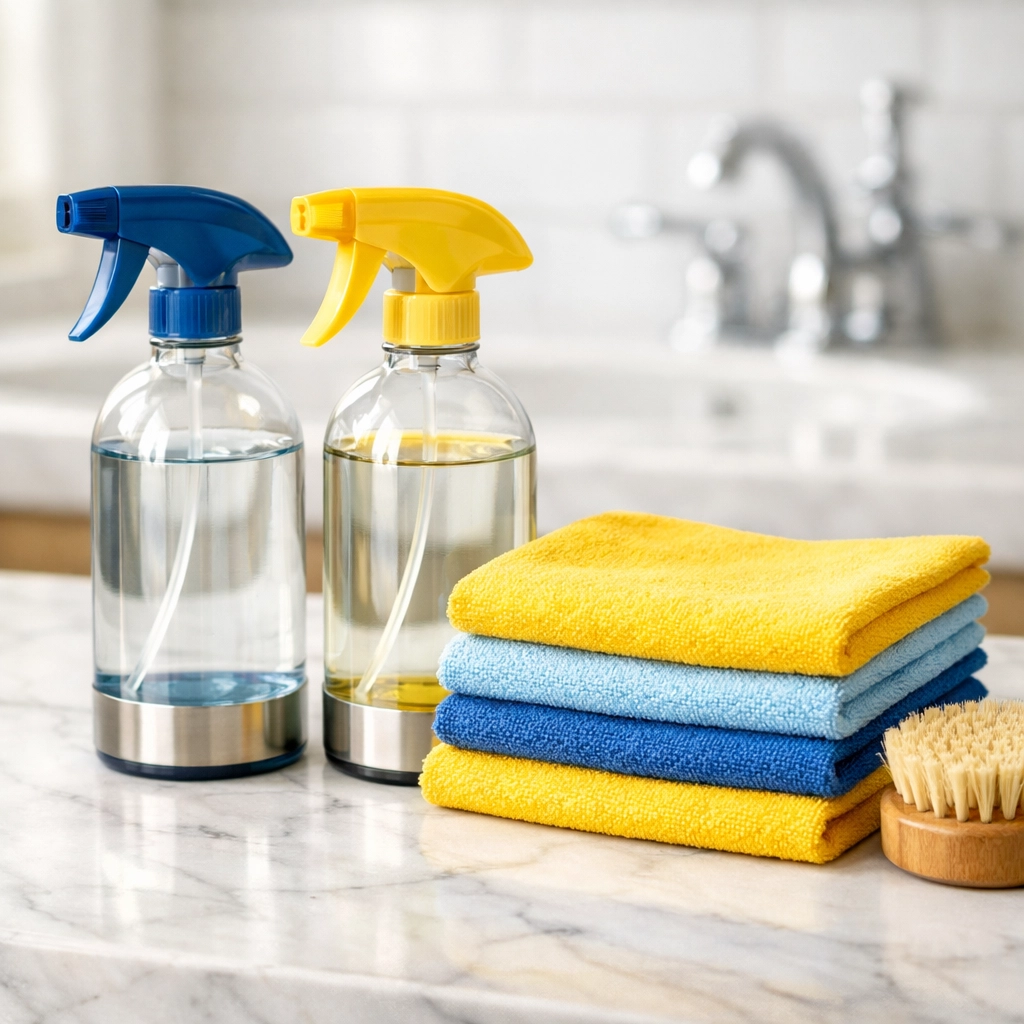 Eco-friendly cleaning supplies and microfiber cloths used for weekly house cleaning in Leominster homes.