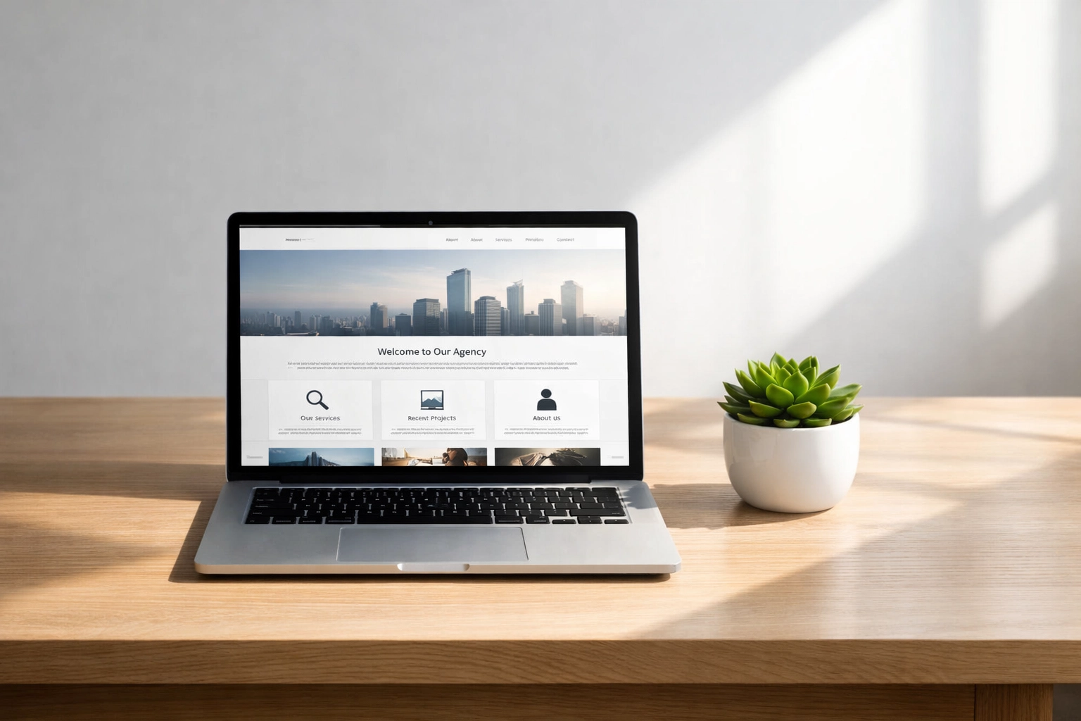 Managed custom website for local business displayed on a laptop in a minimalist office.