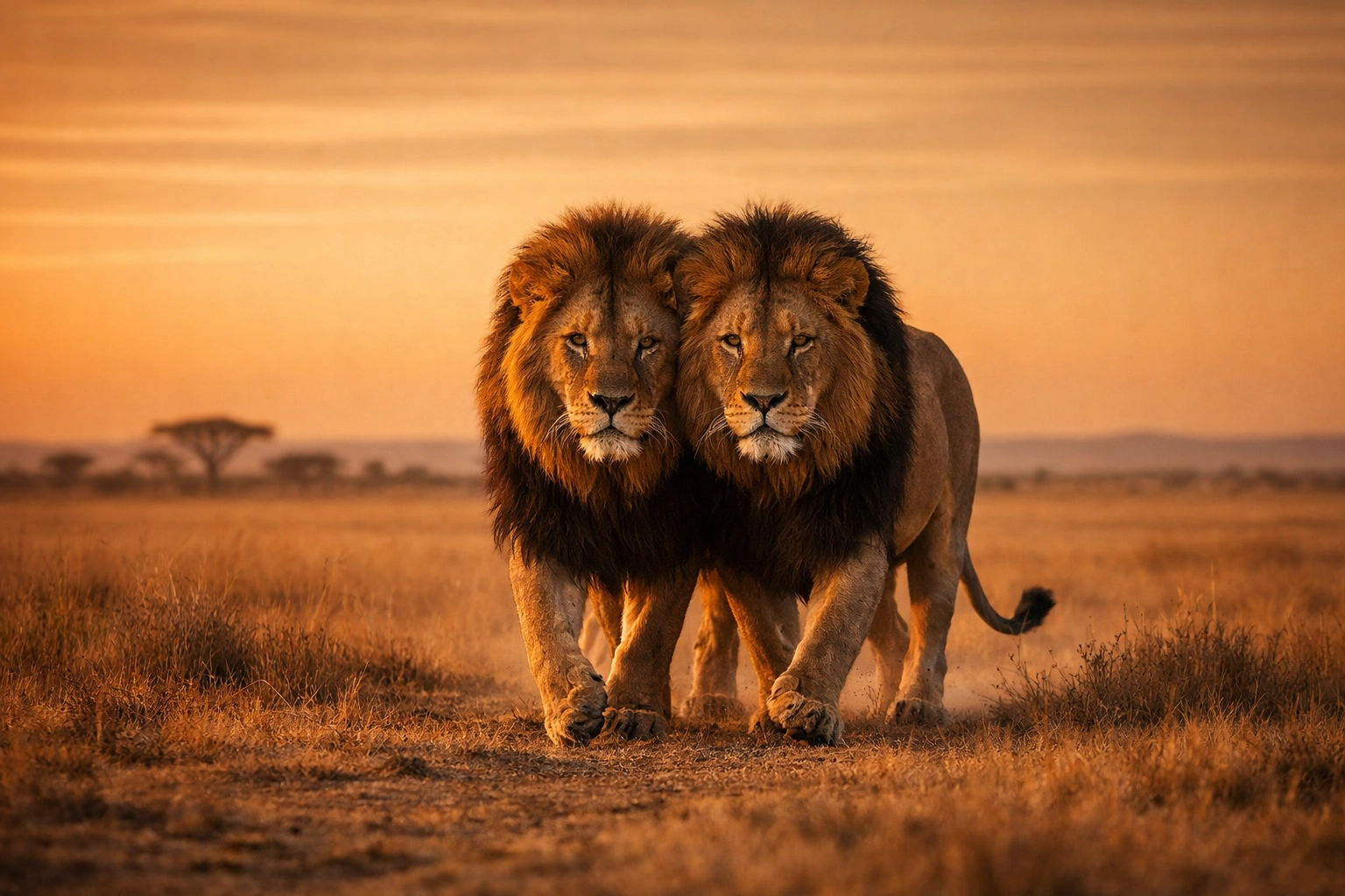 Two male lions walking together at sunset, illustrating the strong bond of a male coalition.