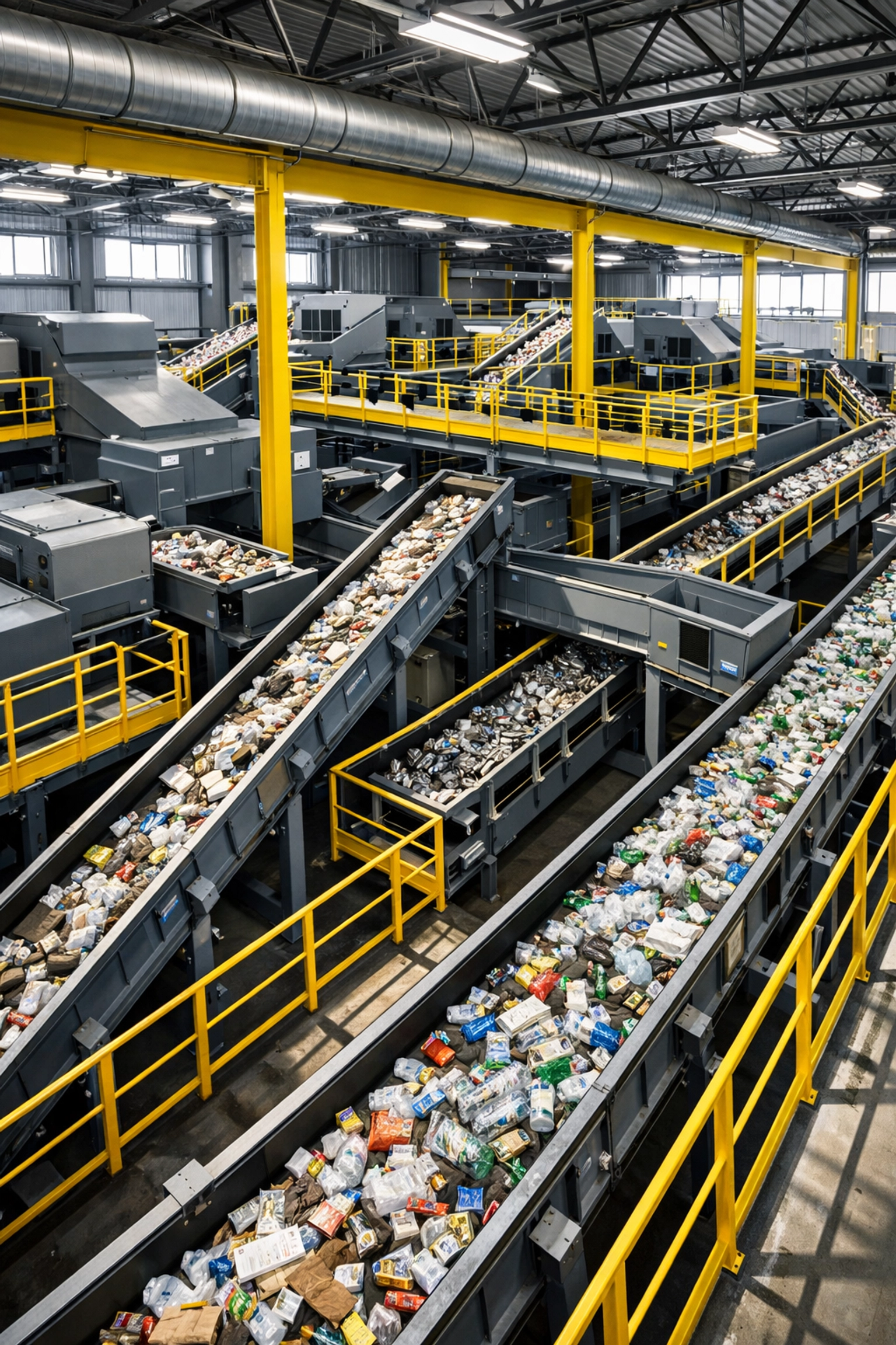 Modern material recovery facility sorting system for 100% recycling and waste diversion.