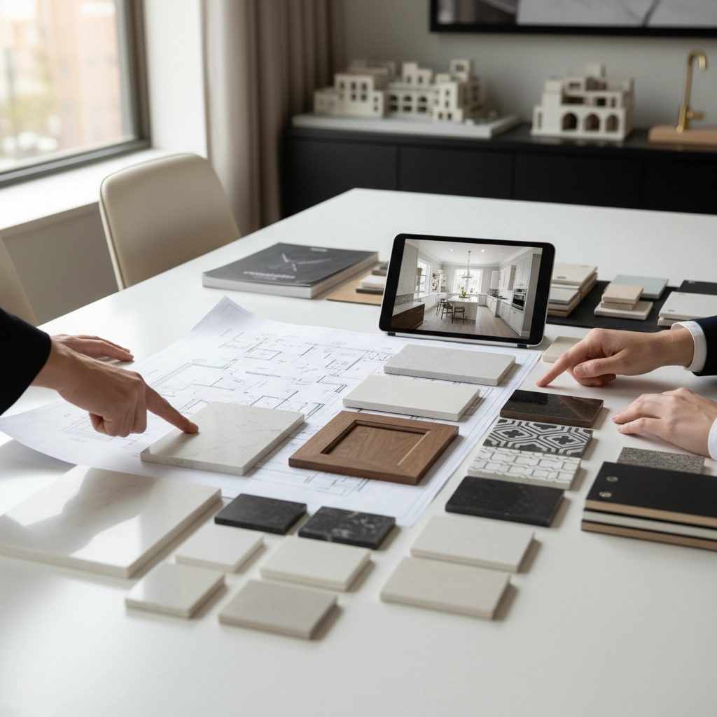 Two people discussing material samples over architectural plans, with a tablet displaying a kitchen interior. Bright, modern office setting.