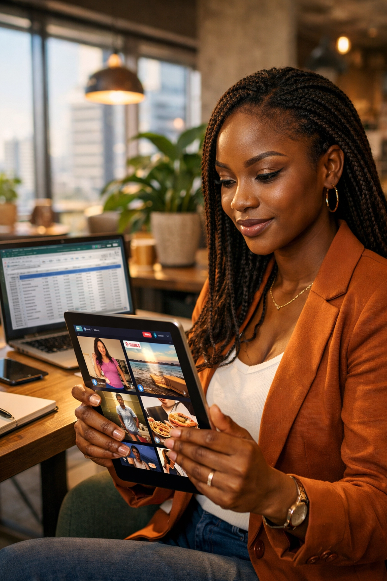 Nigerian entrepreneur in a Lagos office using a tablet to find leads through social search trends and digital marketing.