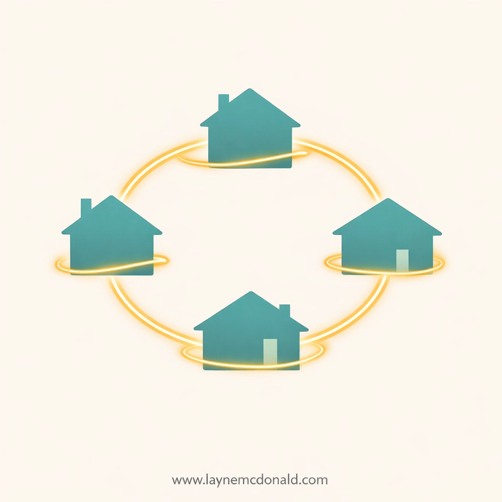 Connected house icons in a circle, symbolizing radical hospitality and community care within a church.