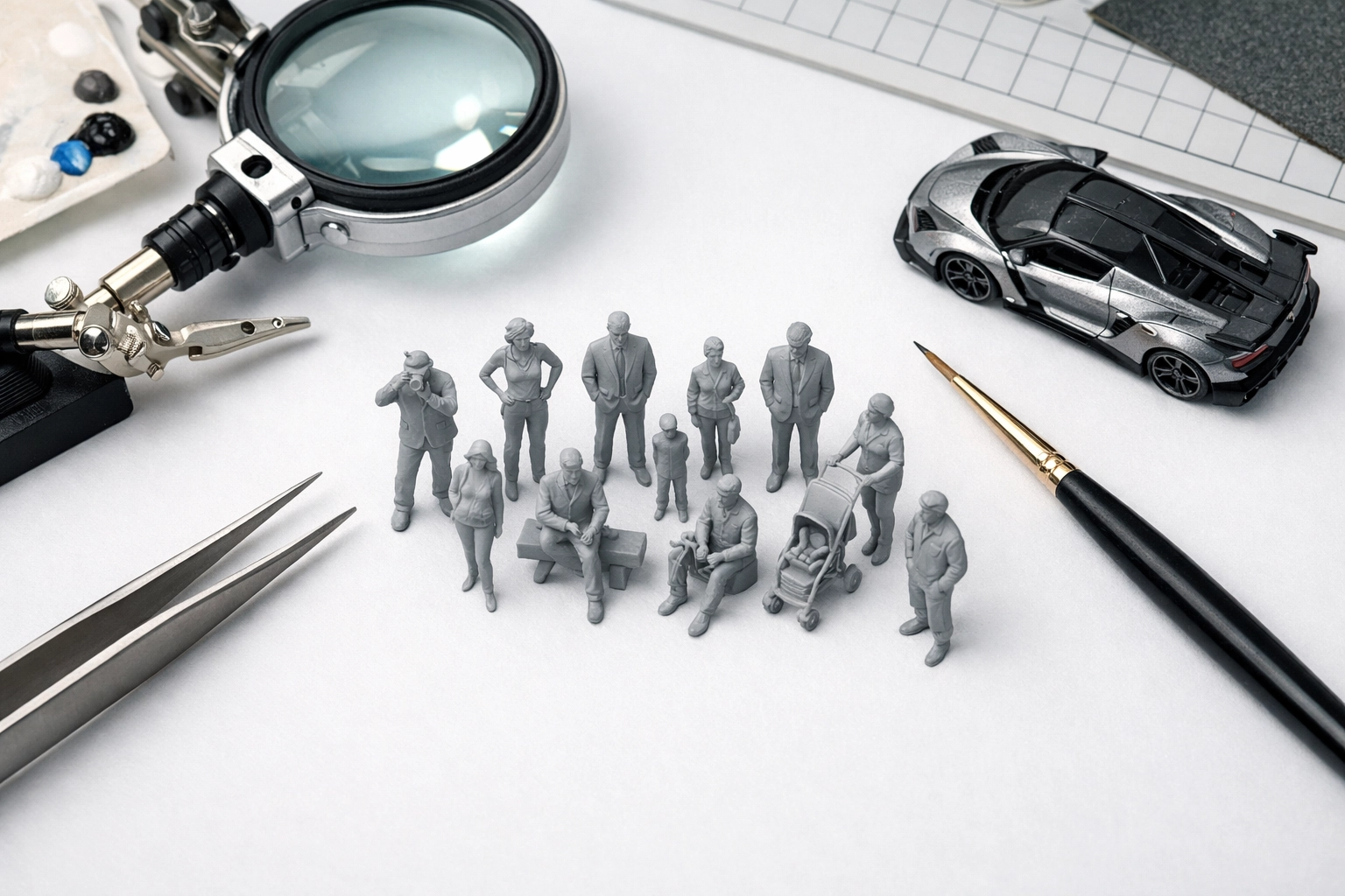 Hobbyist workspace with unpainted 1:64 scale resin figures, painting tools, and a miniature car.