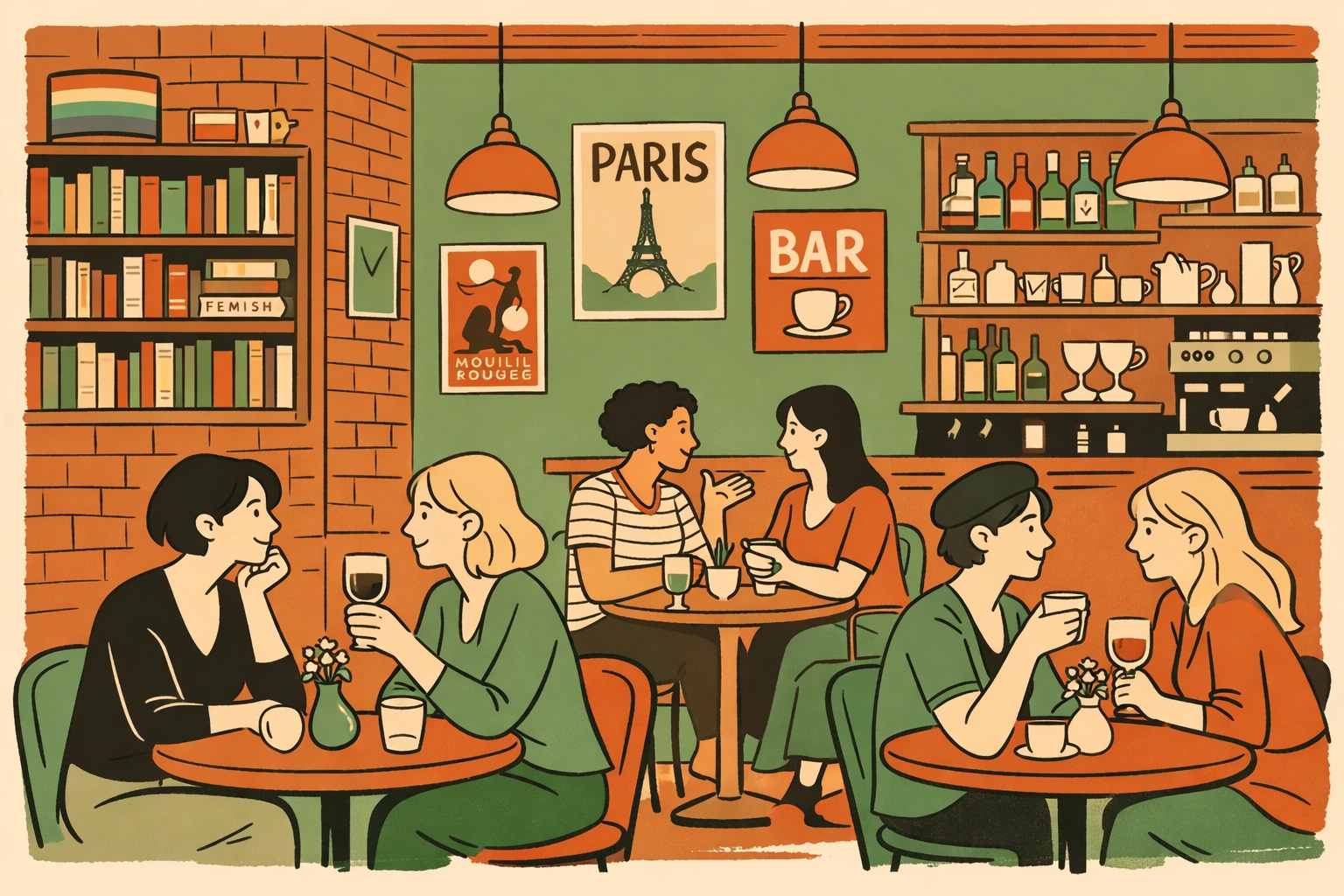 Modern Paris LGBTQ+ café-bar interior with women gathering among books and vintage décor