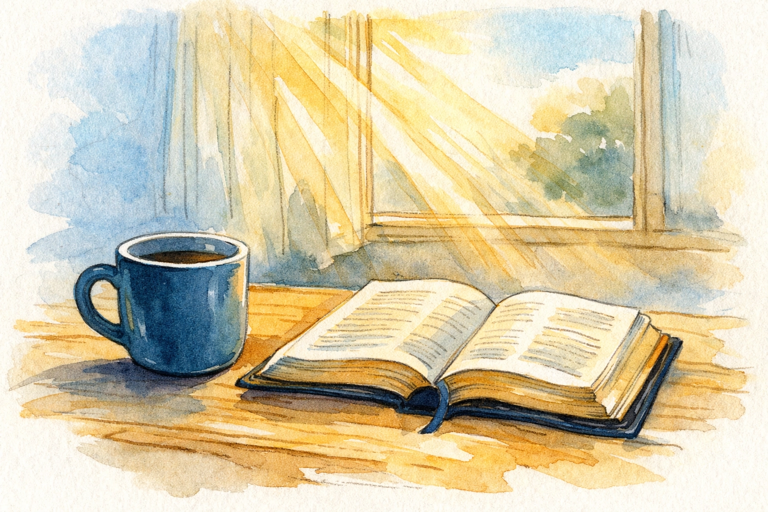 Morning coffee and open Bible on table with peaceful sunlight for parent devotional time