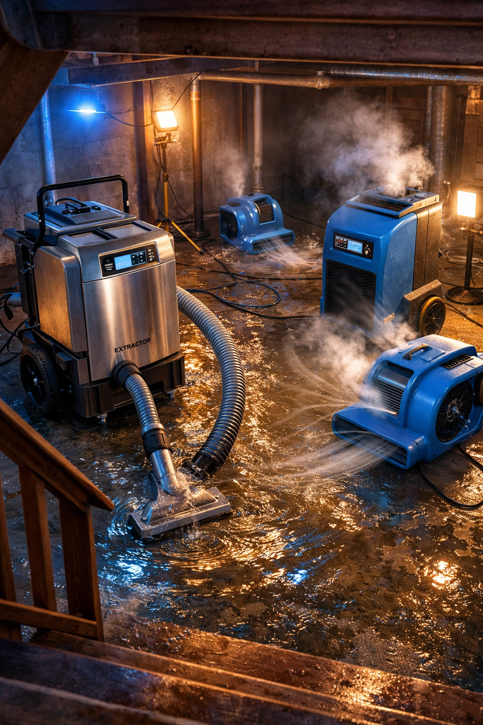 Professional water extraction equipment removing flood water from basement in Montgomery County