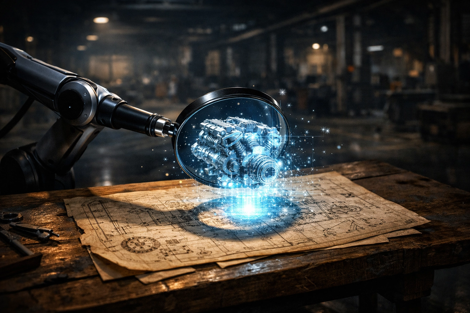 Robotic arm creating AI models from industrial blueprints for b2b lead generation and a modern b2b marketing strategy.