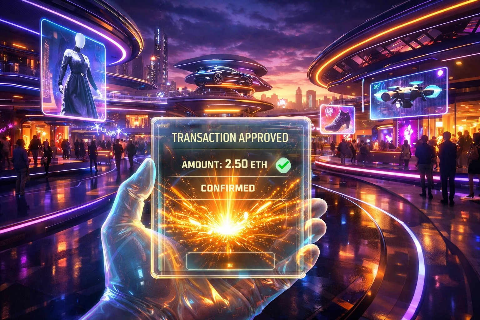 Futuristic metaverse shopping plaza showing a decentralized economy powered by Larecoin Web3 payments.
