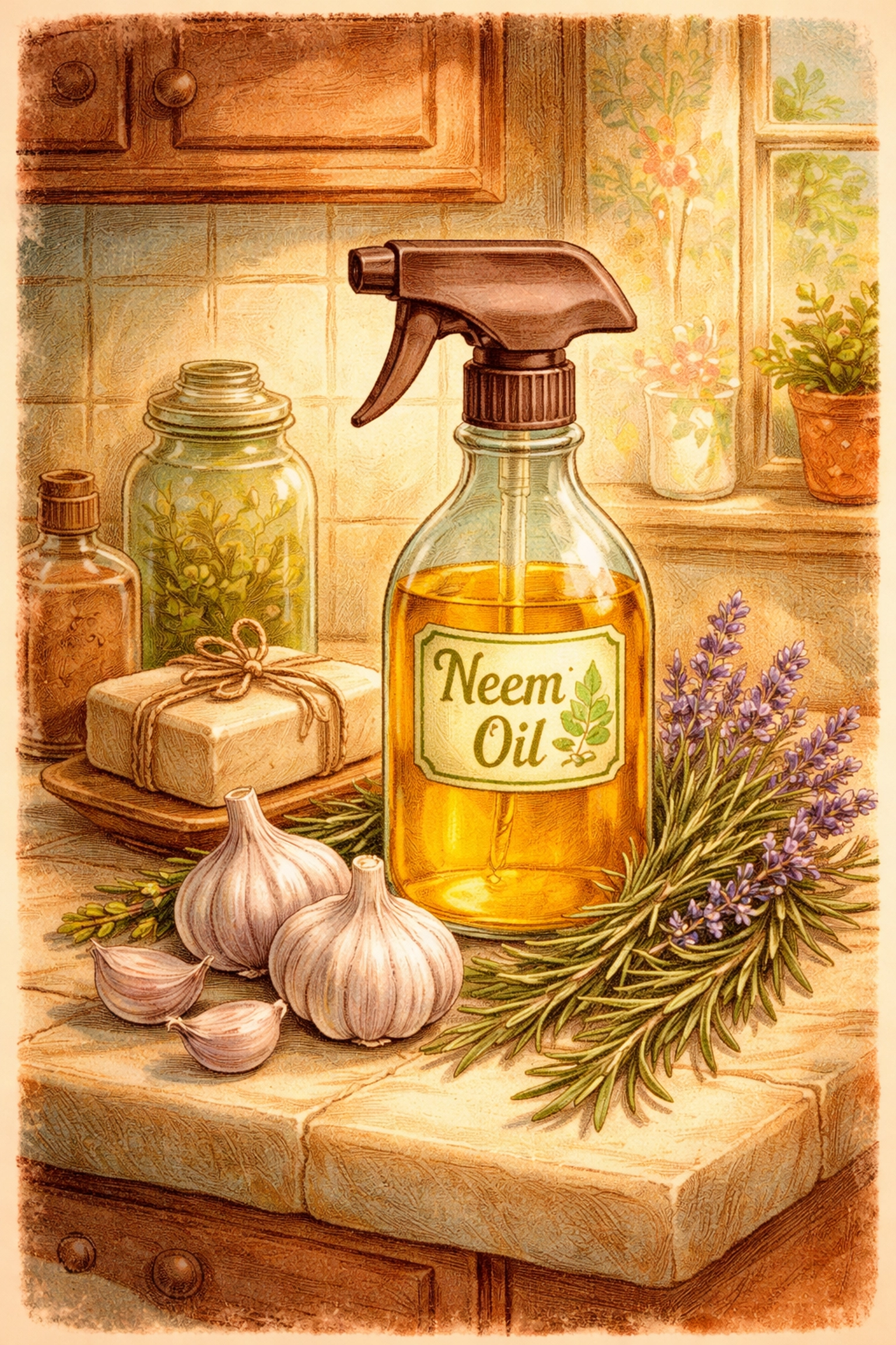 Kitchen counter scene with neem oil spray, garlic, soap, rosemary, and lavender for organic pest control solutions