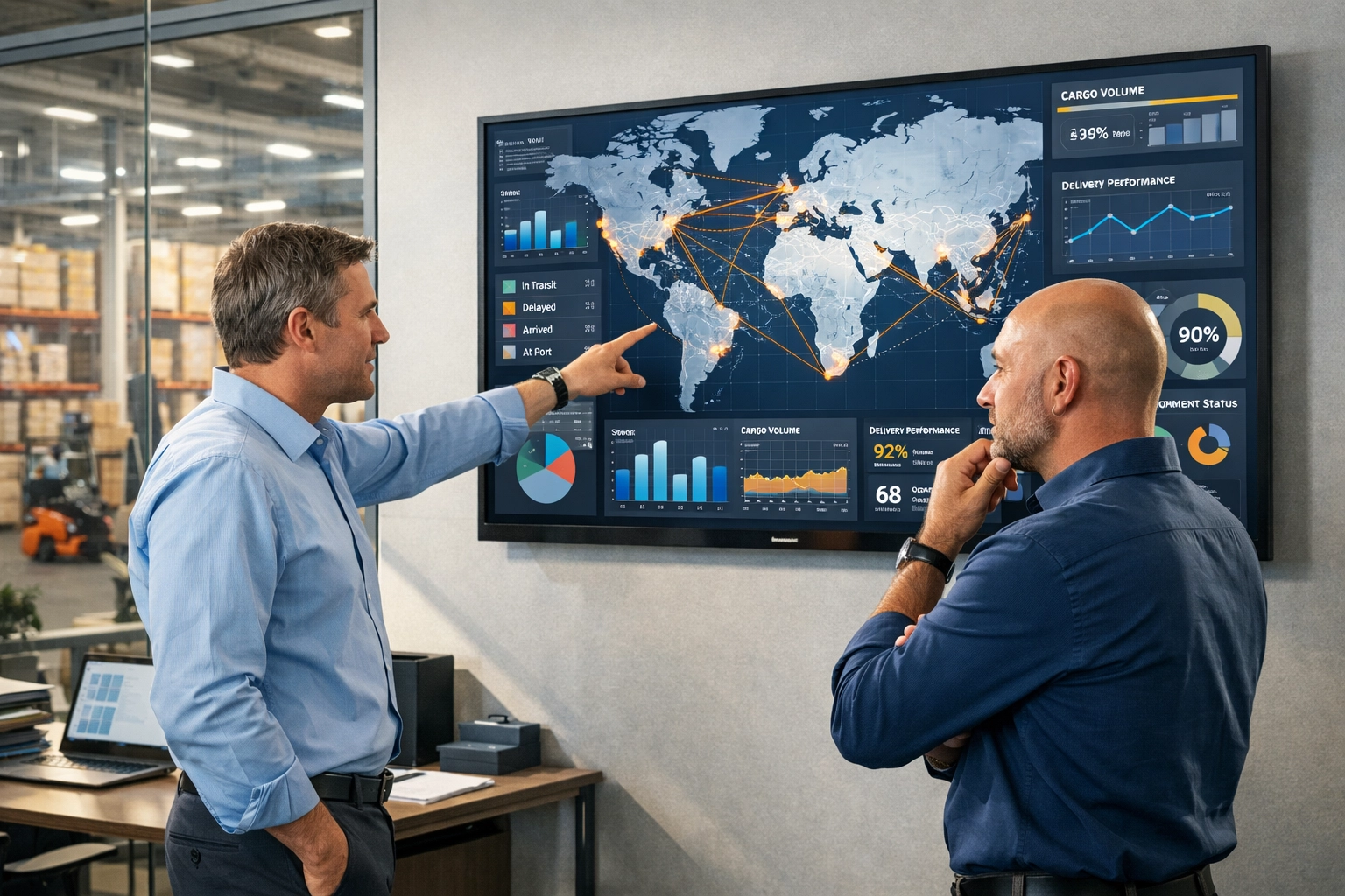 Logistics managers reviewing performance-driven metrics for outsourced fulfillment services on a digital dashboard.