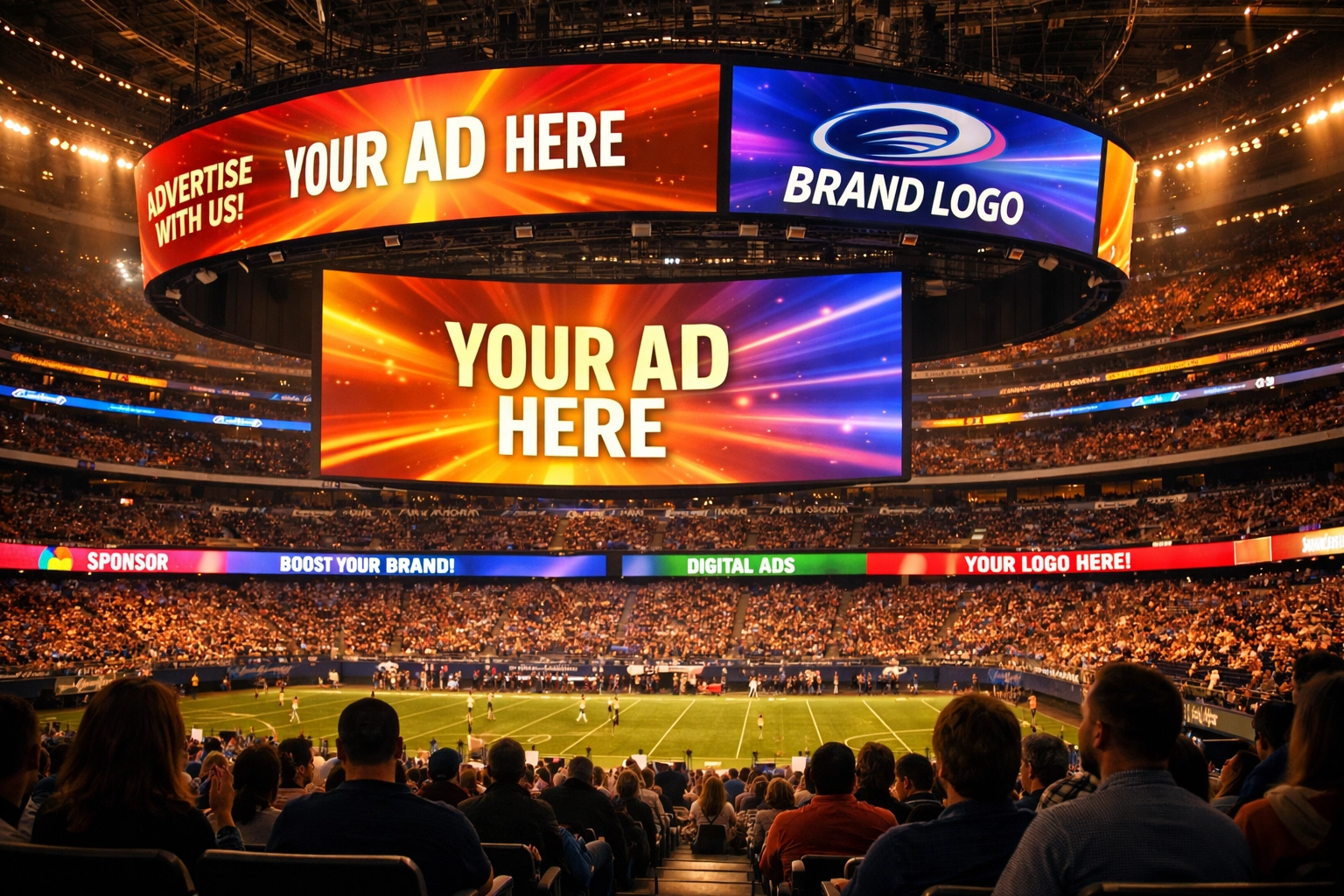 Modern sports stadium with LED digital advertising screens and crowd during live event