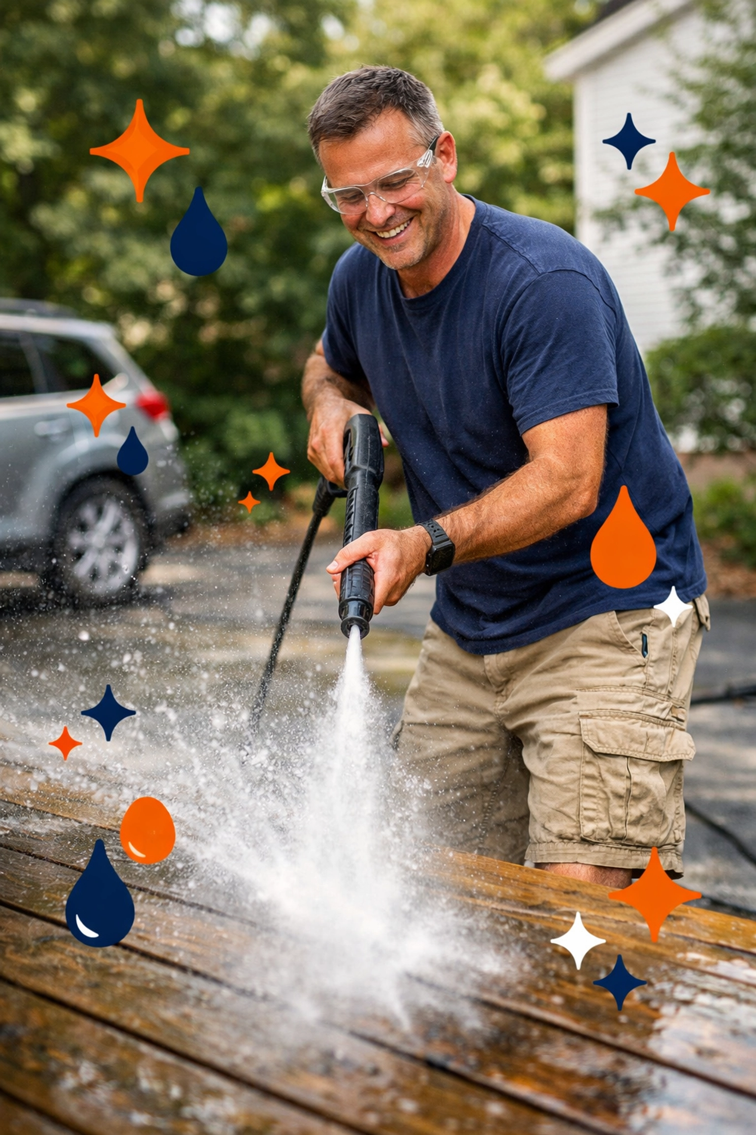 Homeowner in Woburn cleaning a wooden deck with a rented pressure washer.