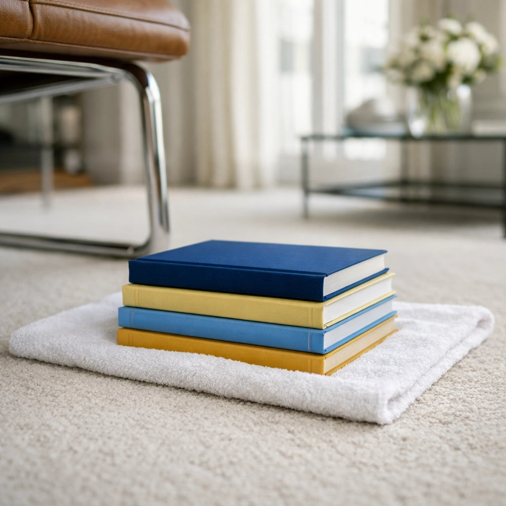 Deep drying technique using a white towel and heavy books to rescue carpets from construction moisture.