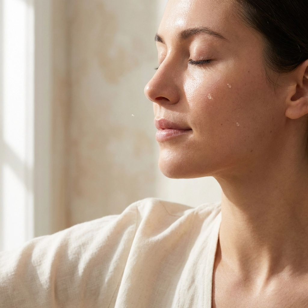 Close-up of a woman's face showing hydrated, radiant skin after skin booster treatment