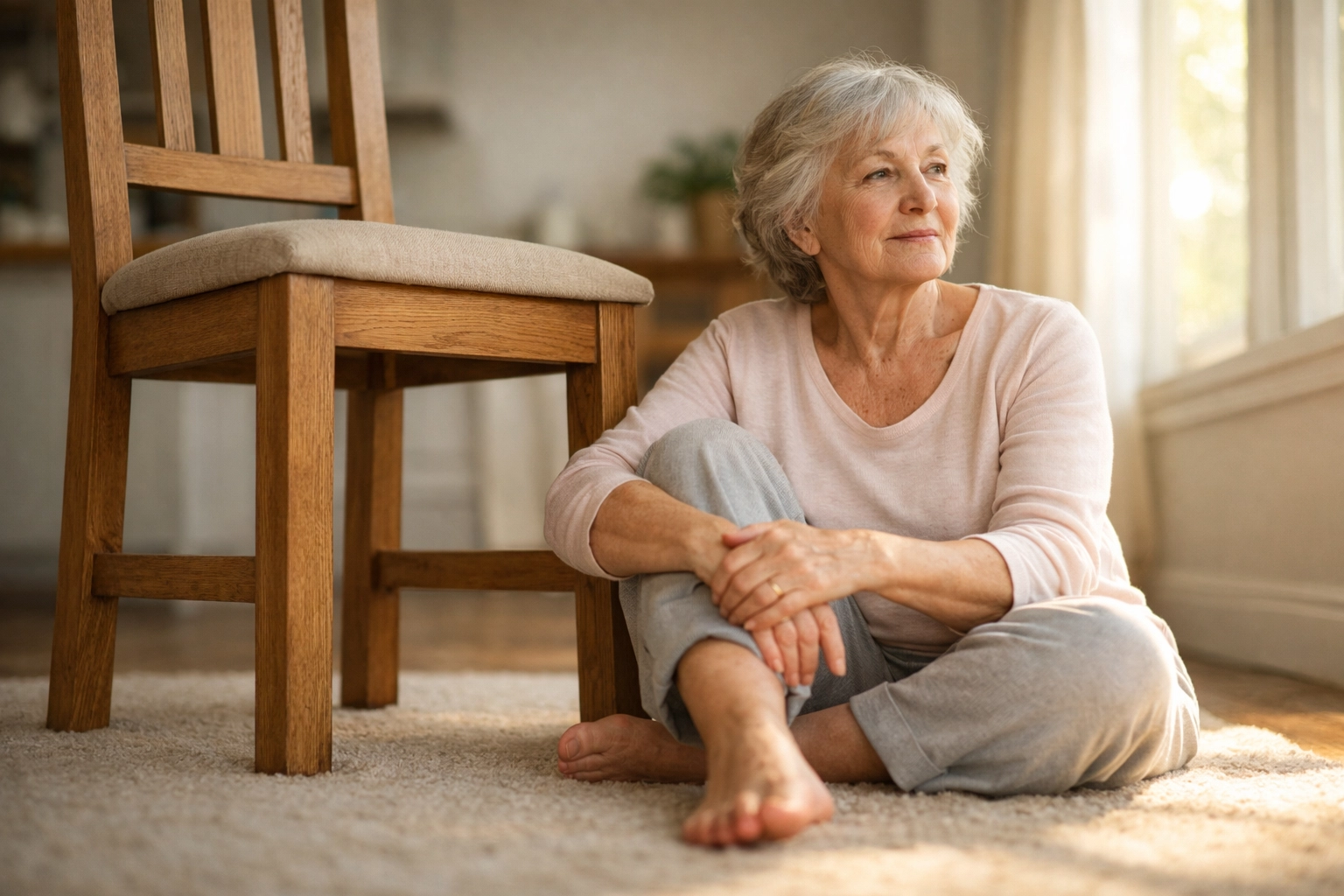 Senior woman sitting on floor next to chair after fall, preparing to safely stand up