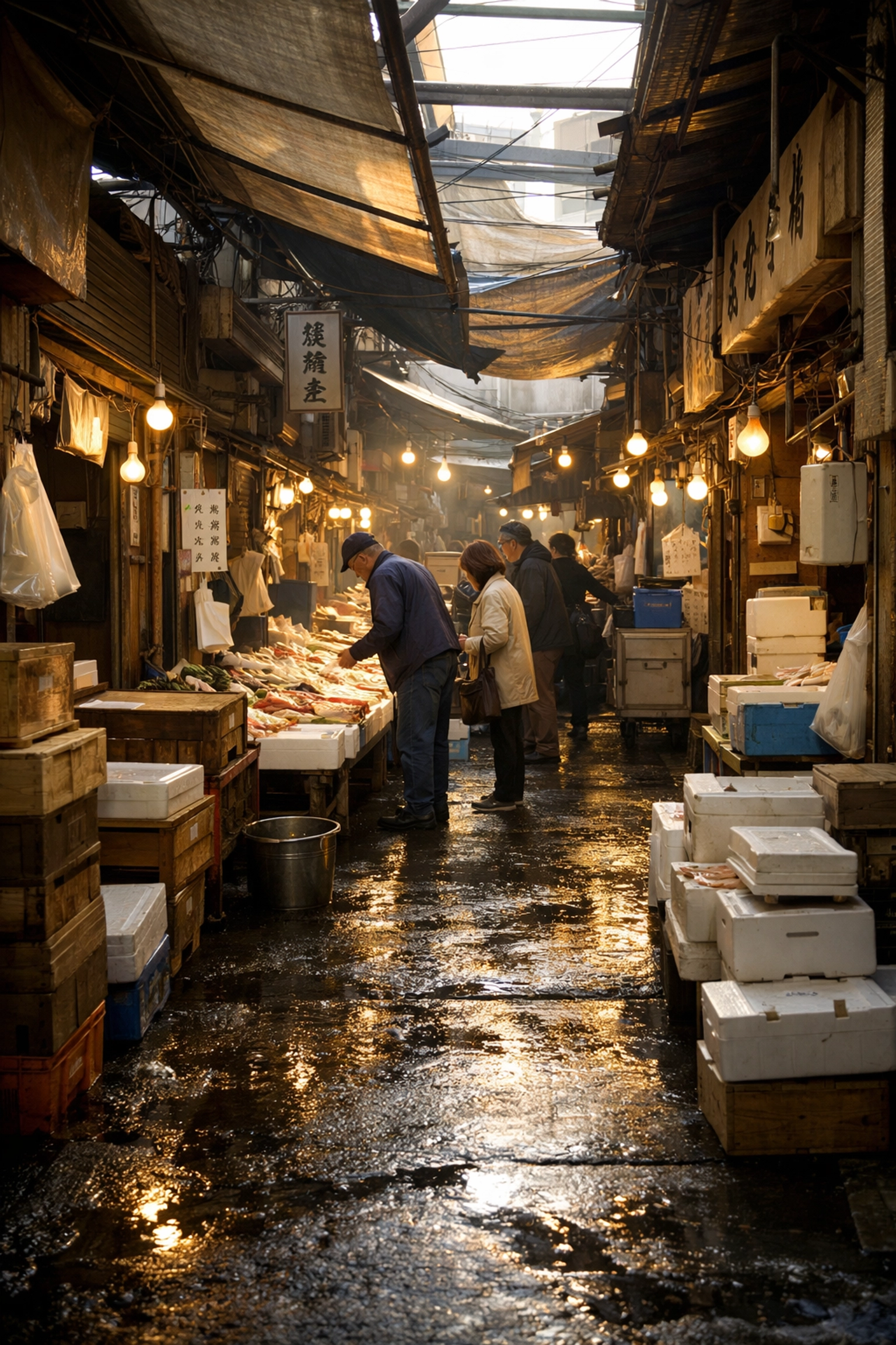Sunlit narrow alley in Tsukiji Outer Market during the early morning seafood rush in Tokyo.