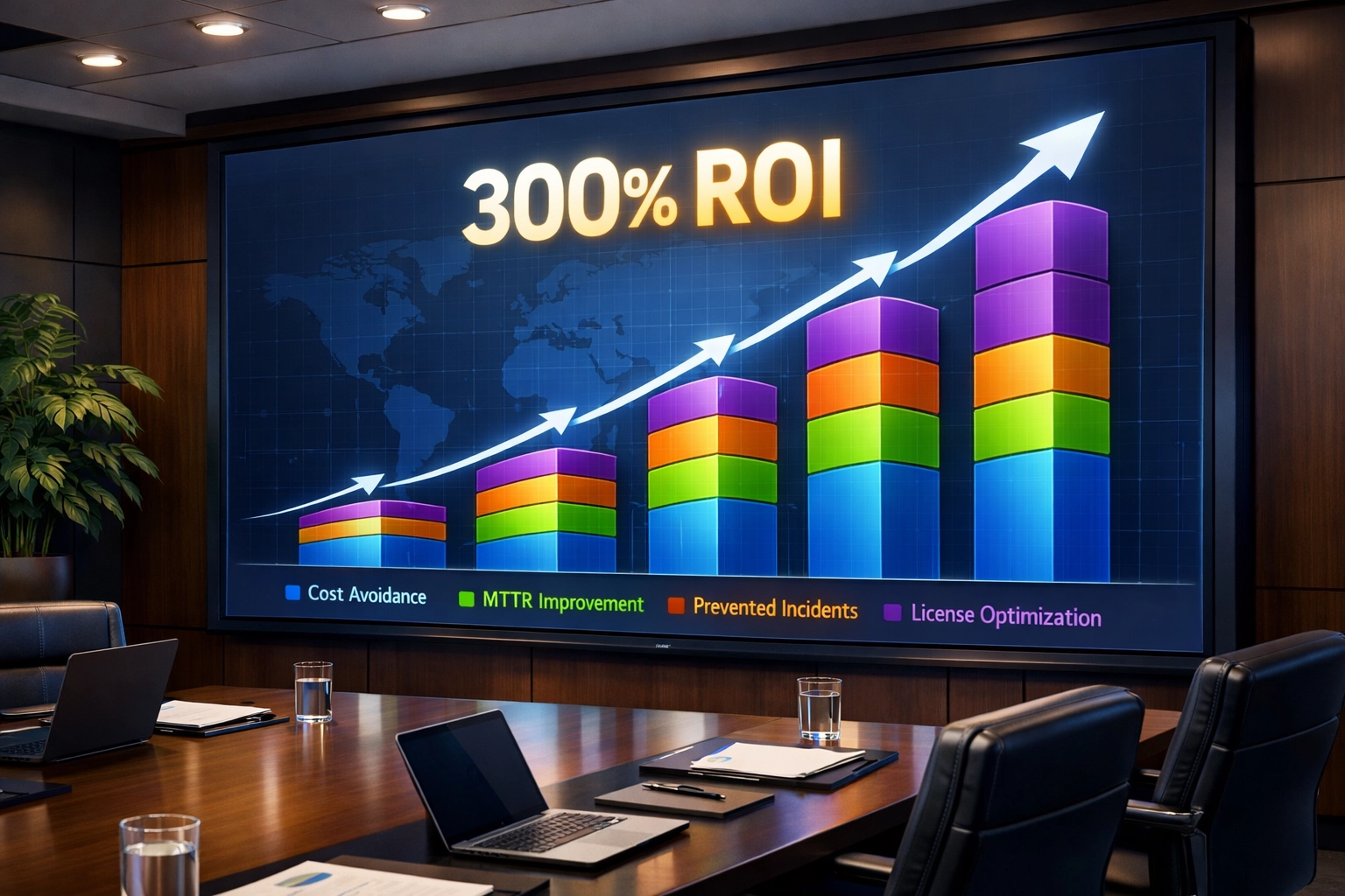 ServiceNow implementation ROI chart displaying 300% returns across multiple value streams