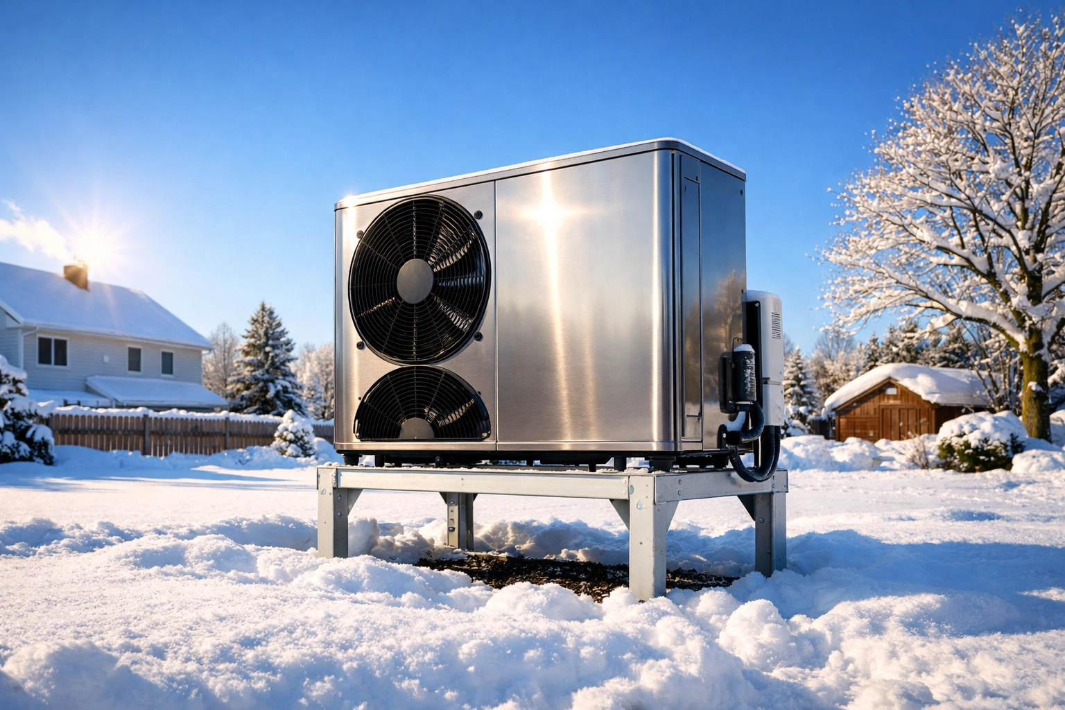 Modern outdoor heat pump unit on a snow stand for a Western New York home during a snowy winter.