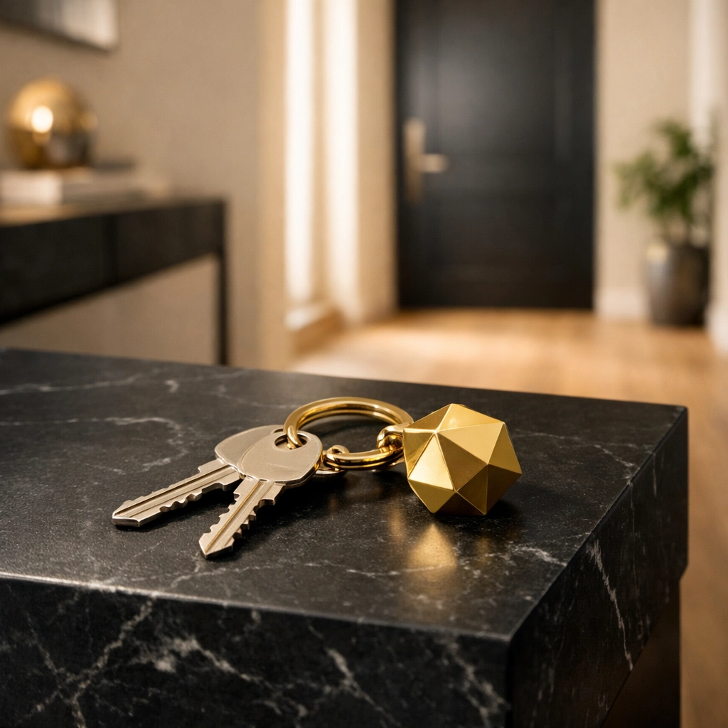 Modern house keys on a marble table symbolizing a successful tenancy handover and deposit return.