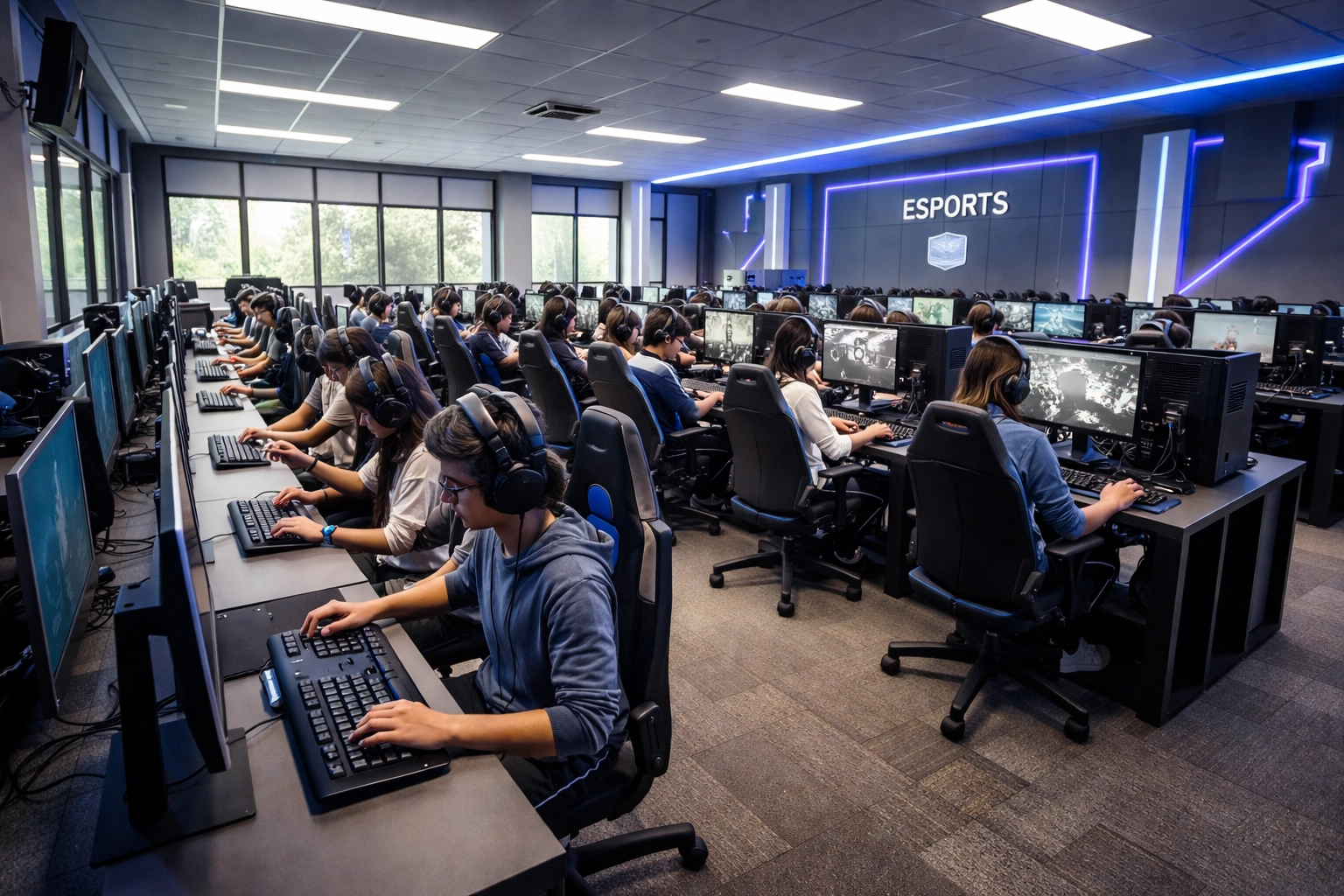 High school students participating in esports program with advanced gaming stations and digital media