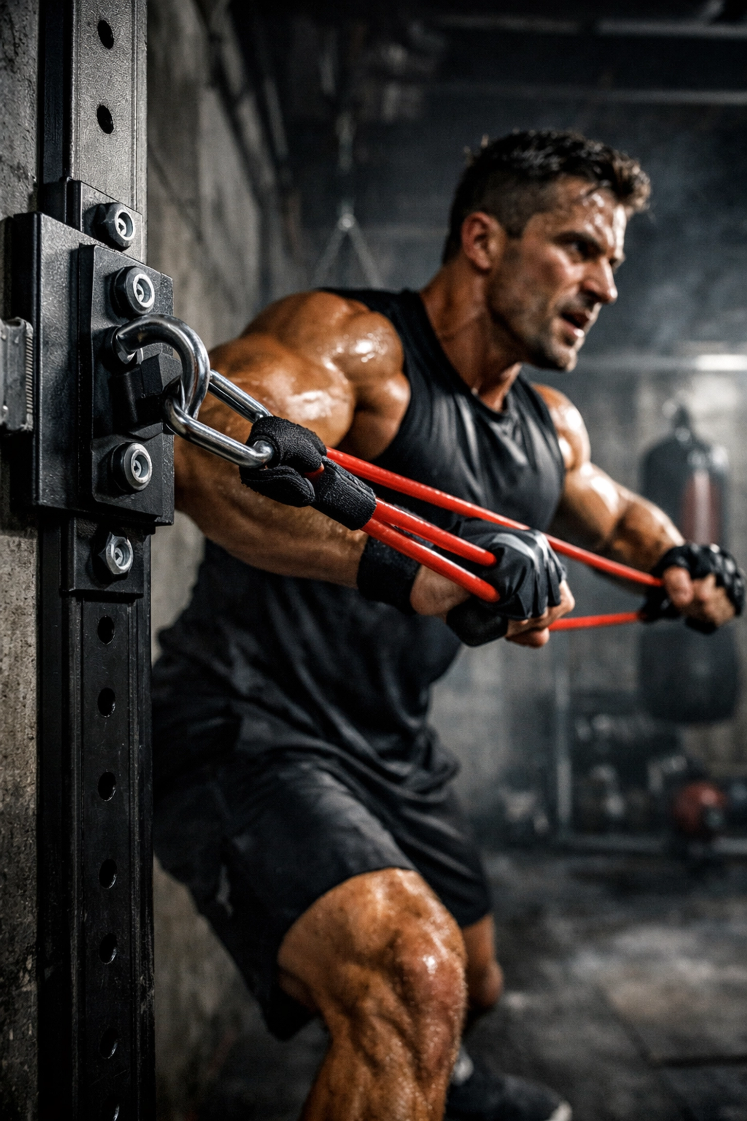 Athlete performing resistance training using a wall-mounted rail system in a garage gym.